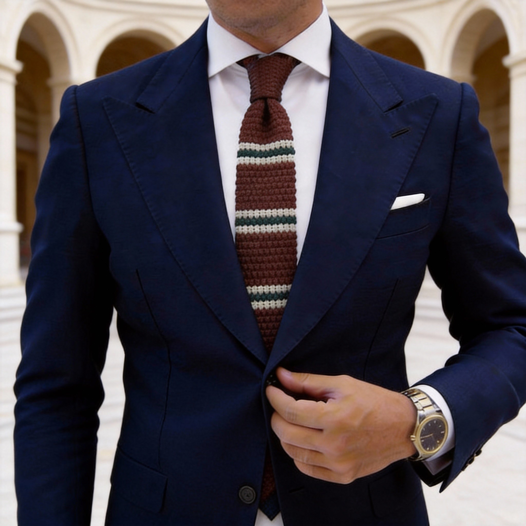 Burgundy with Green & White Striped Knit Necktie