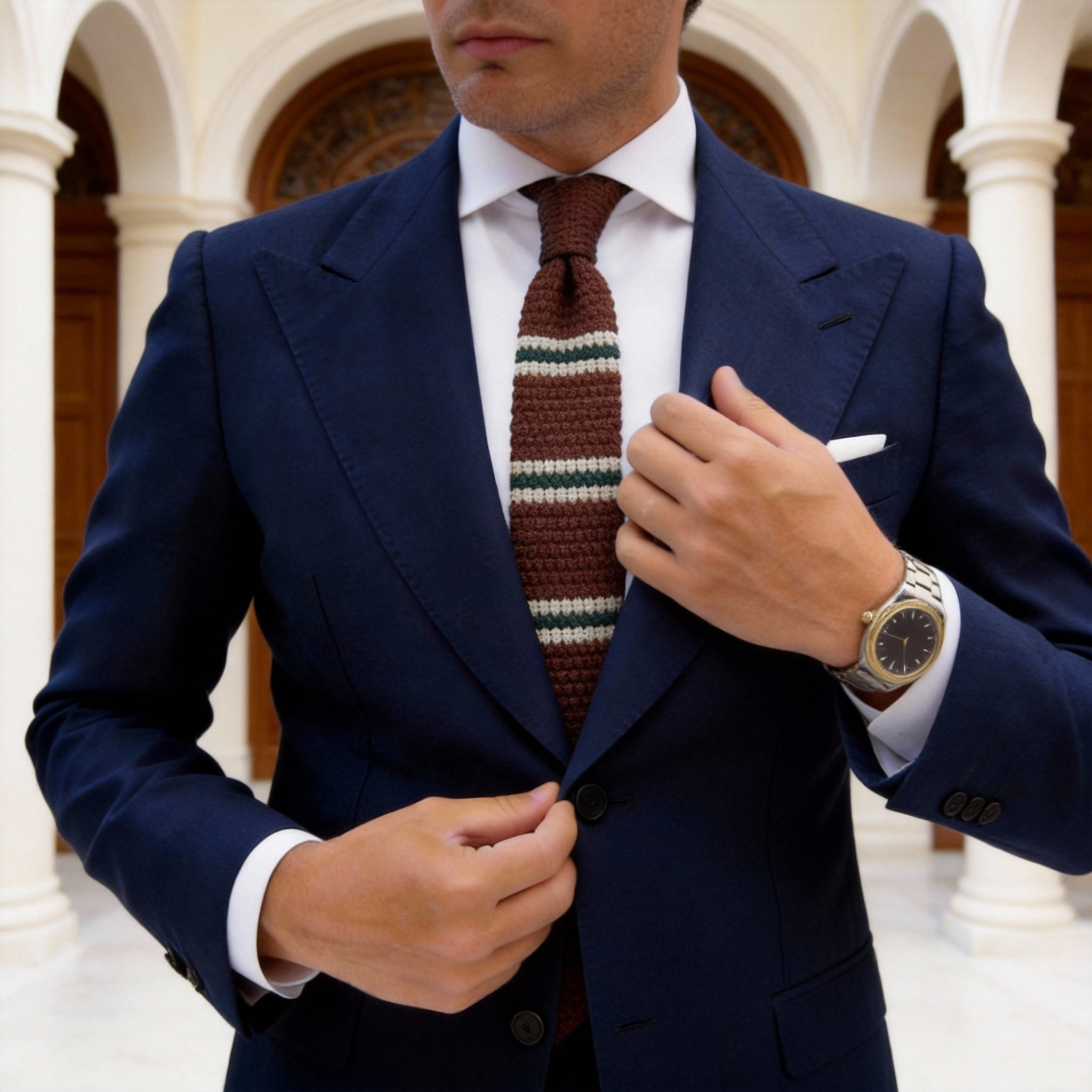 Burgundy with Green & White Striped Knit Necktie