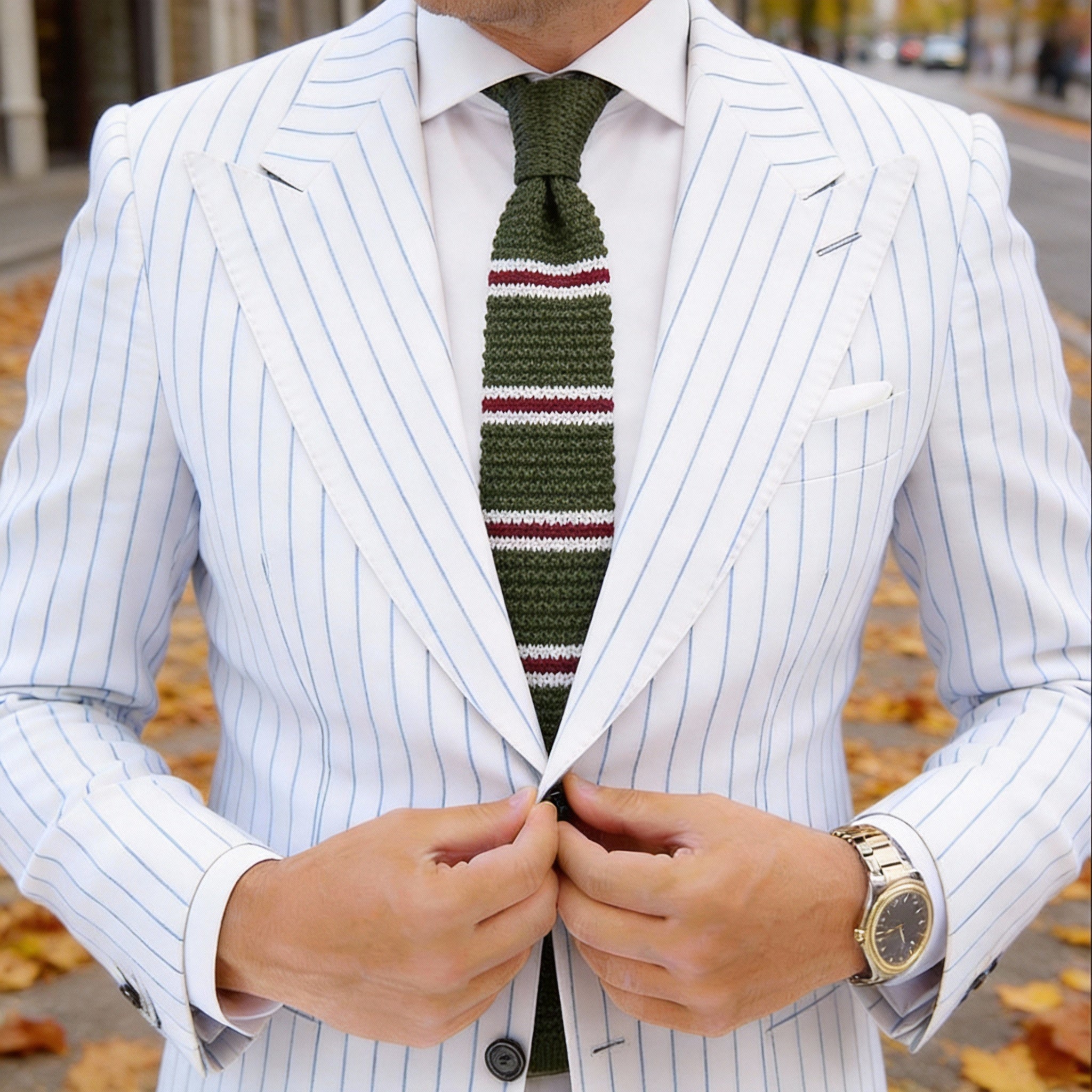 Olive Green with White & Burgundy Stripes Necktie