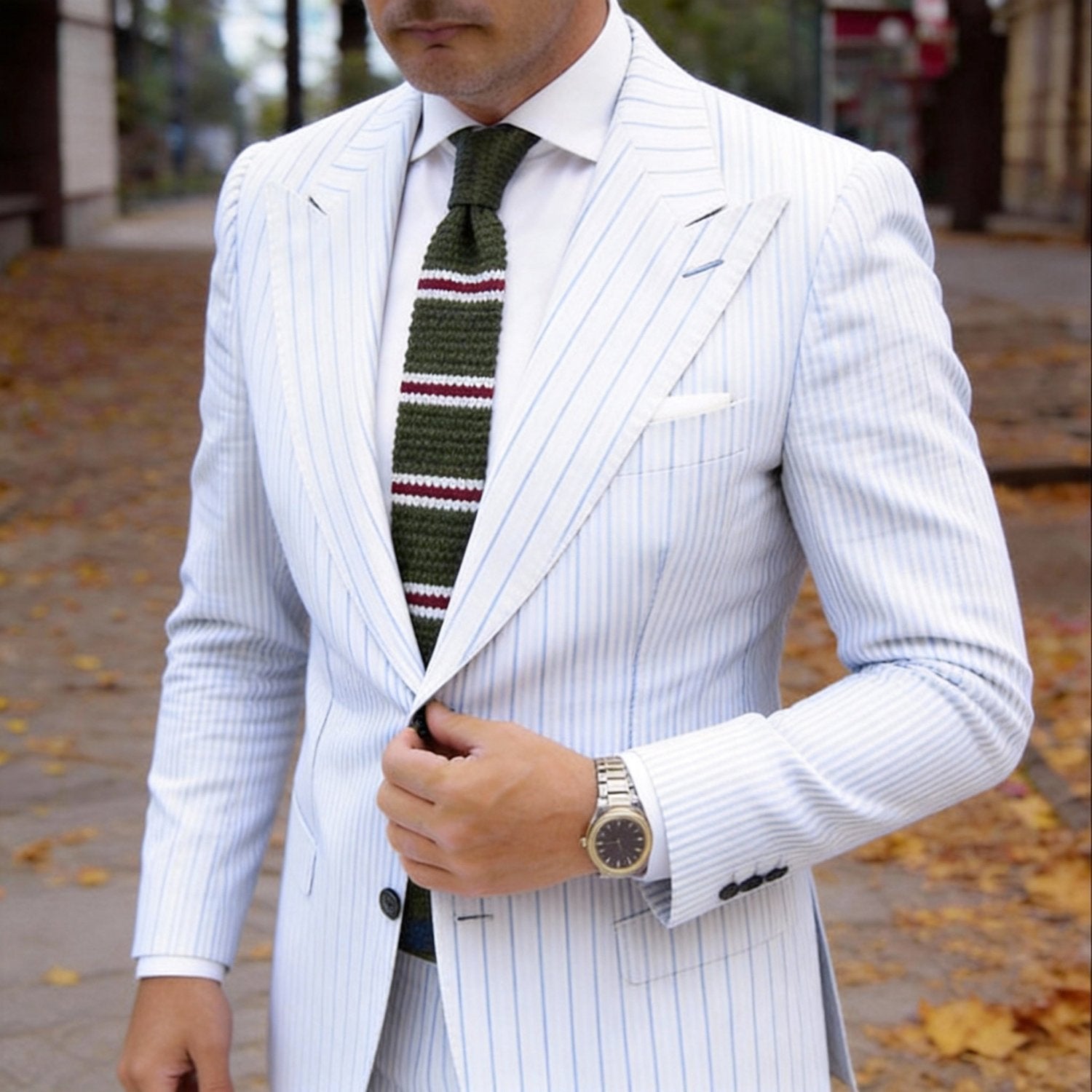 Olive Green with White & Burgundy Stripes Necktie