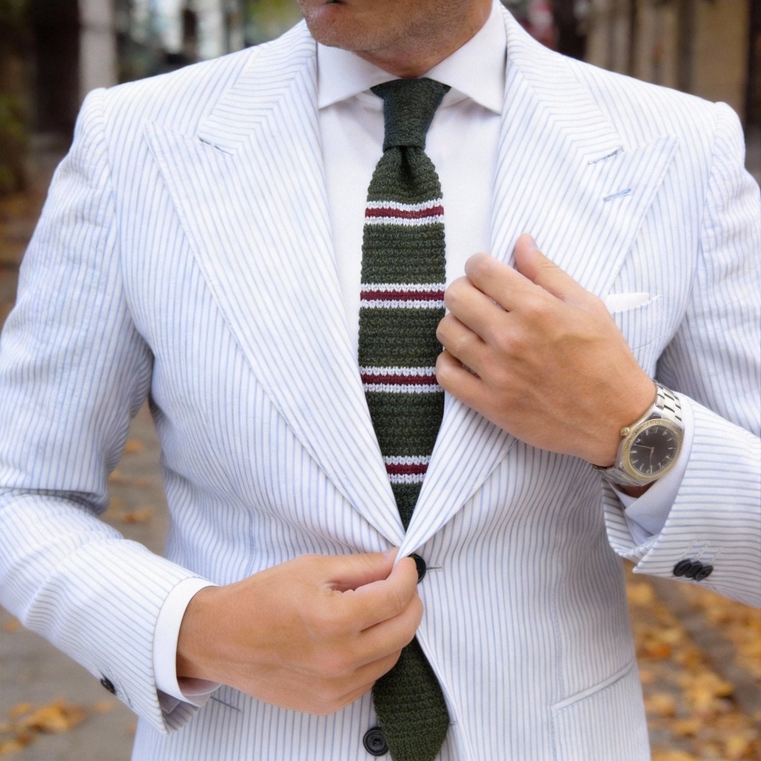 Olive Green with White & Burgundy Stripes Necktie