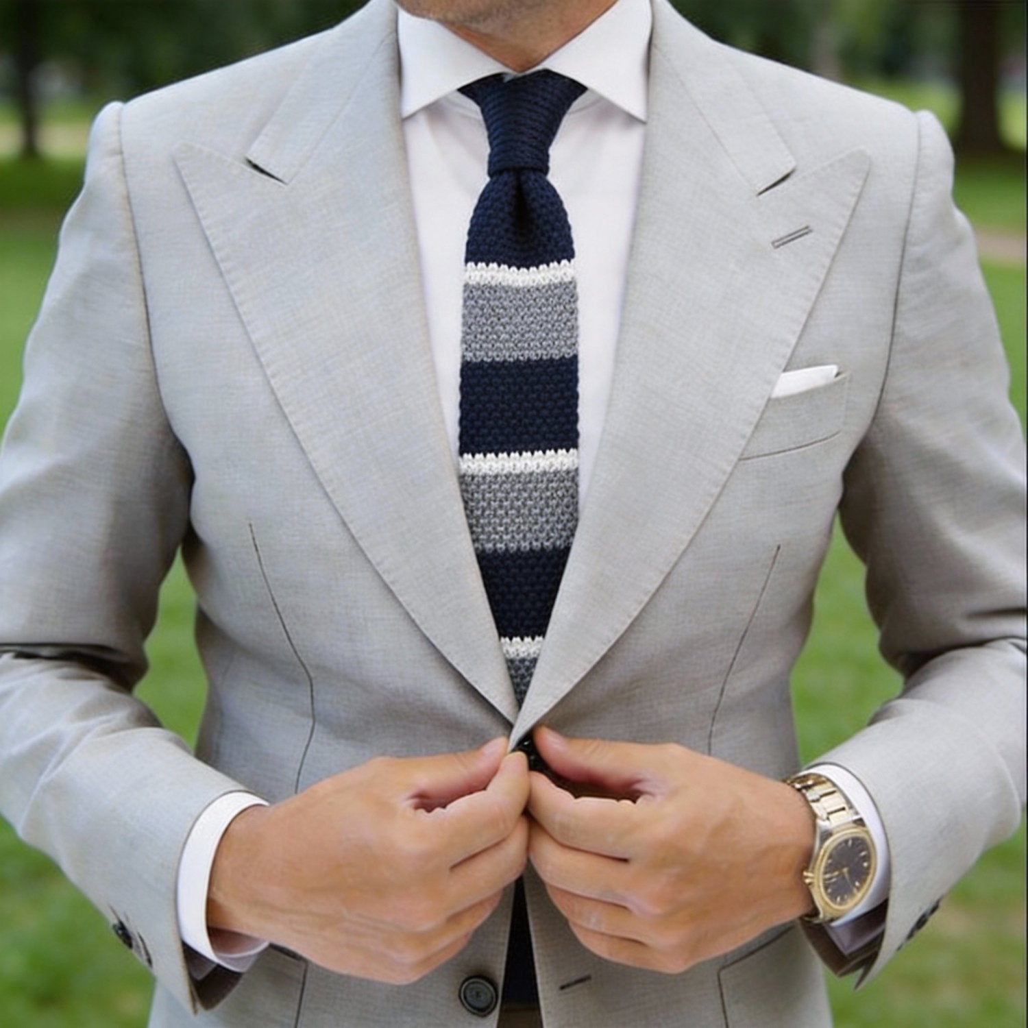 Navy Blue with Gray and White Stripes Necktie
