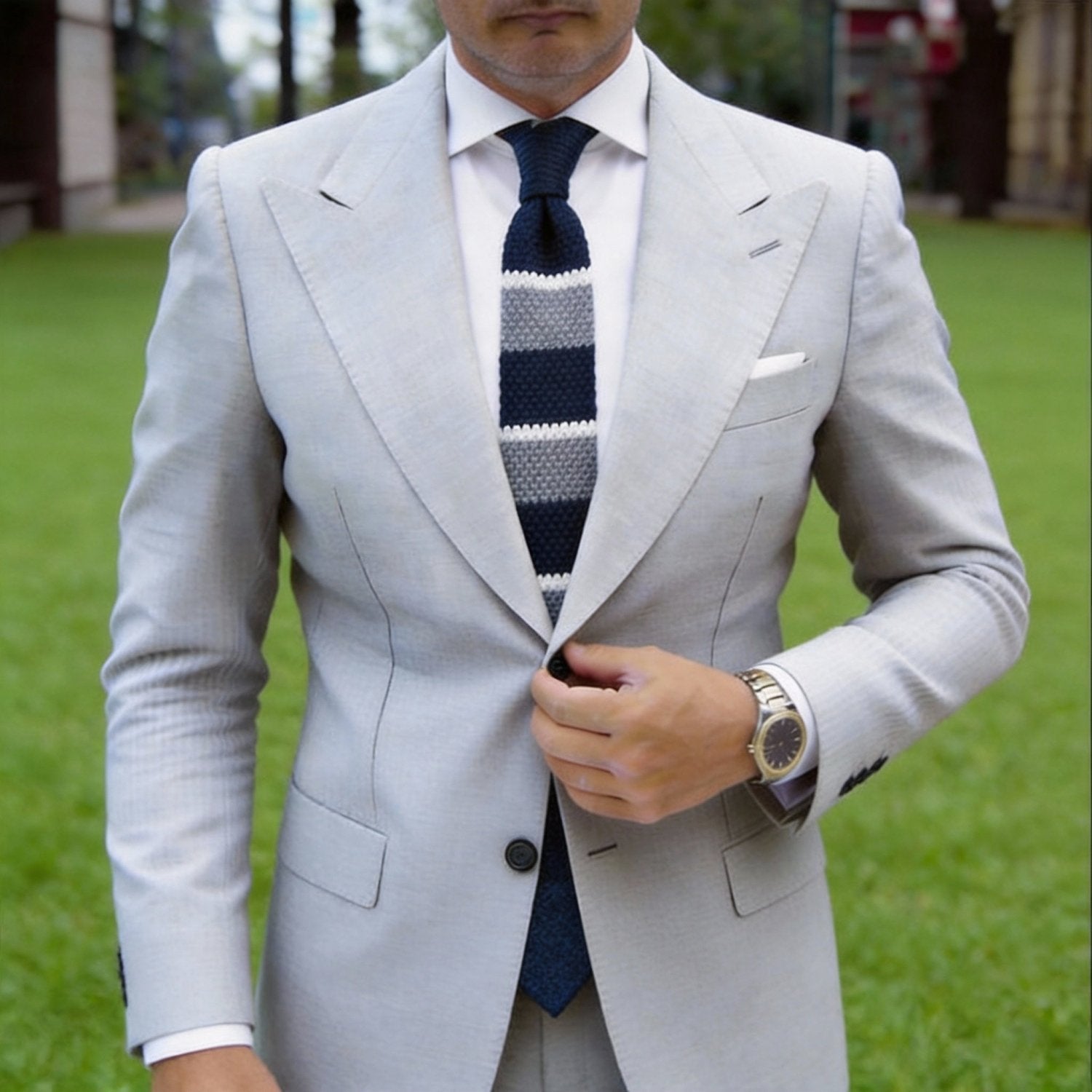 Navy Blue with Gray and White Stripes Necktie