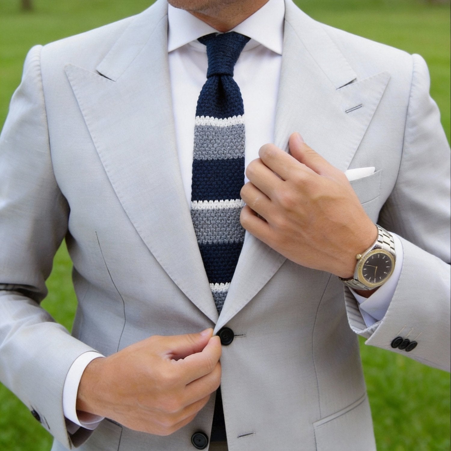 Navy Blue with Gray and White Stripes Necktie