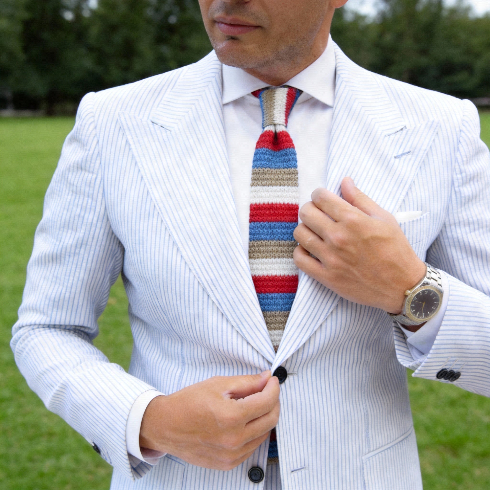 Beige with Red, White & Blue Stripes Necktie