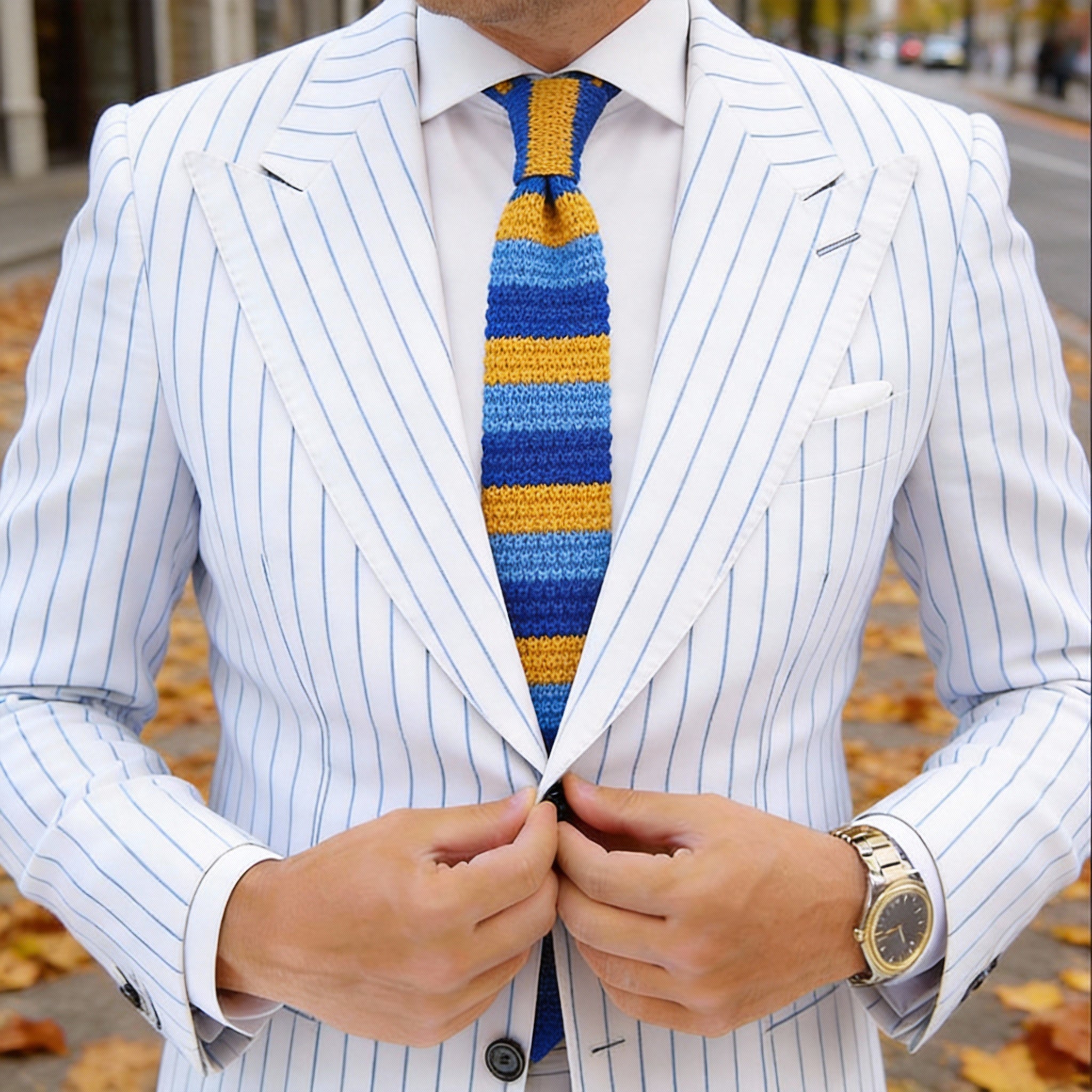 Dark Blue with Light Blue & Yellow Stripes Necktie