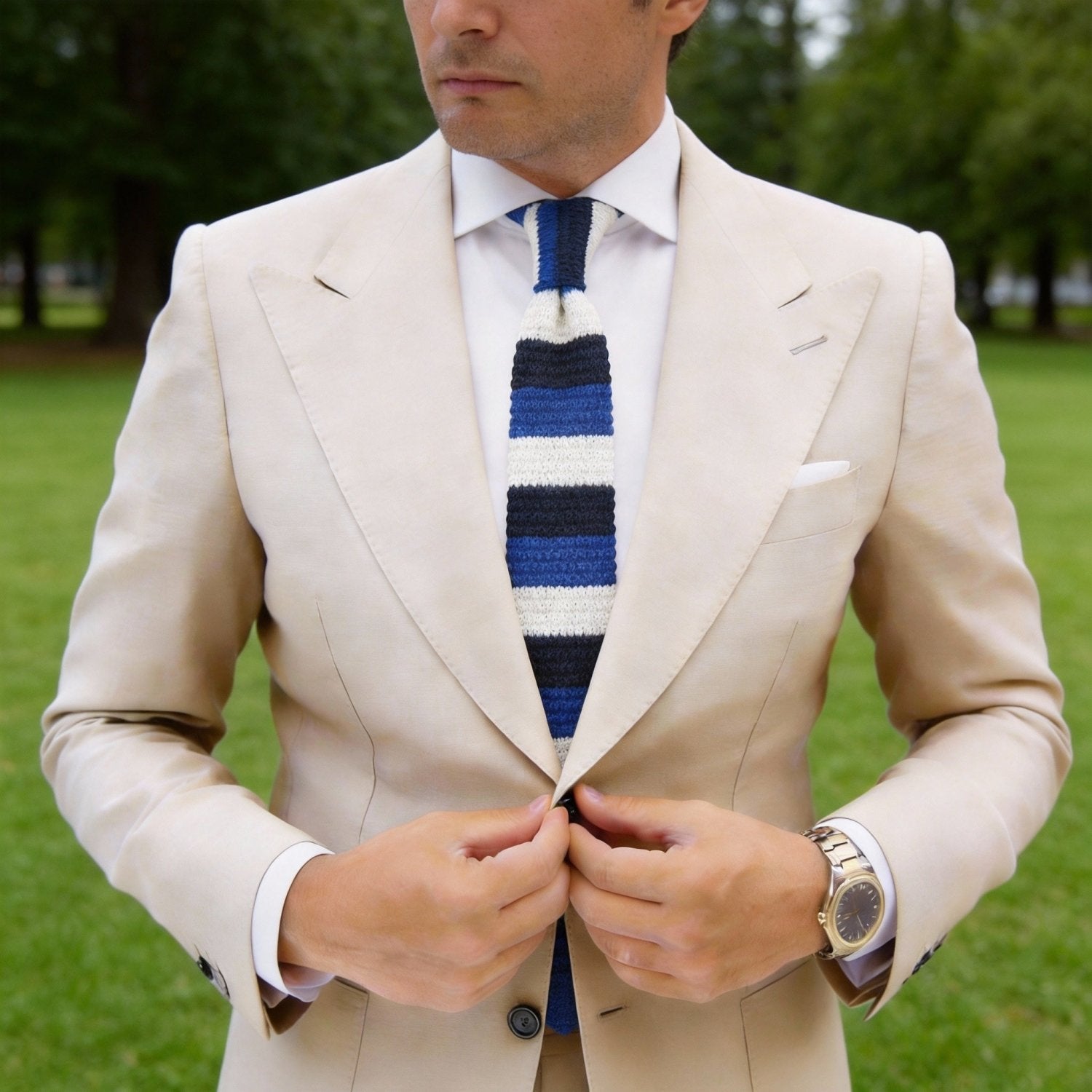 Navy Blue with Blue & White Striped Knitted Necktie