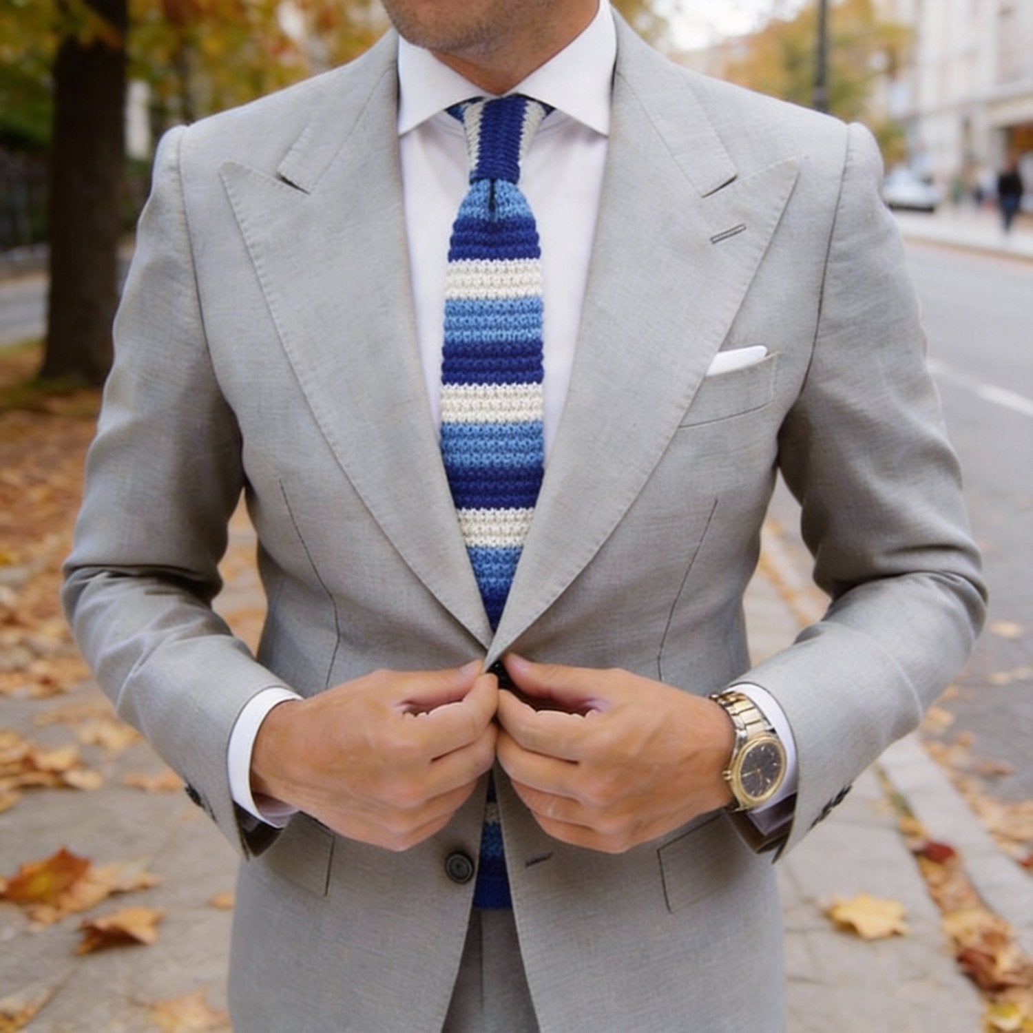 Dark Blue with Light Blue & Off-White Stripes Necktie