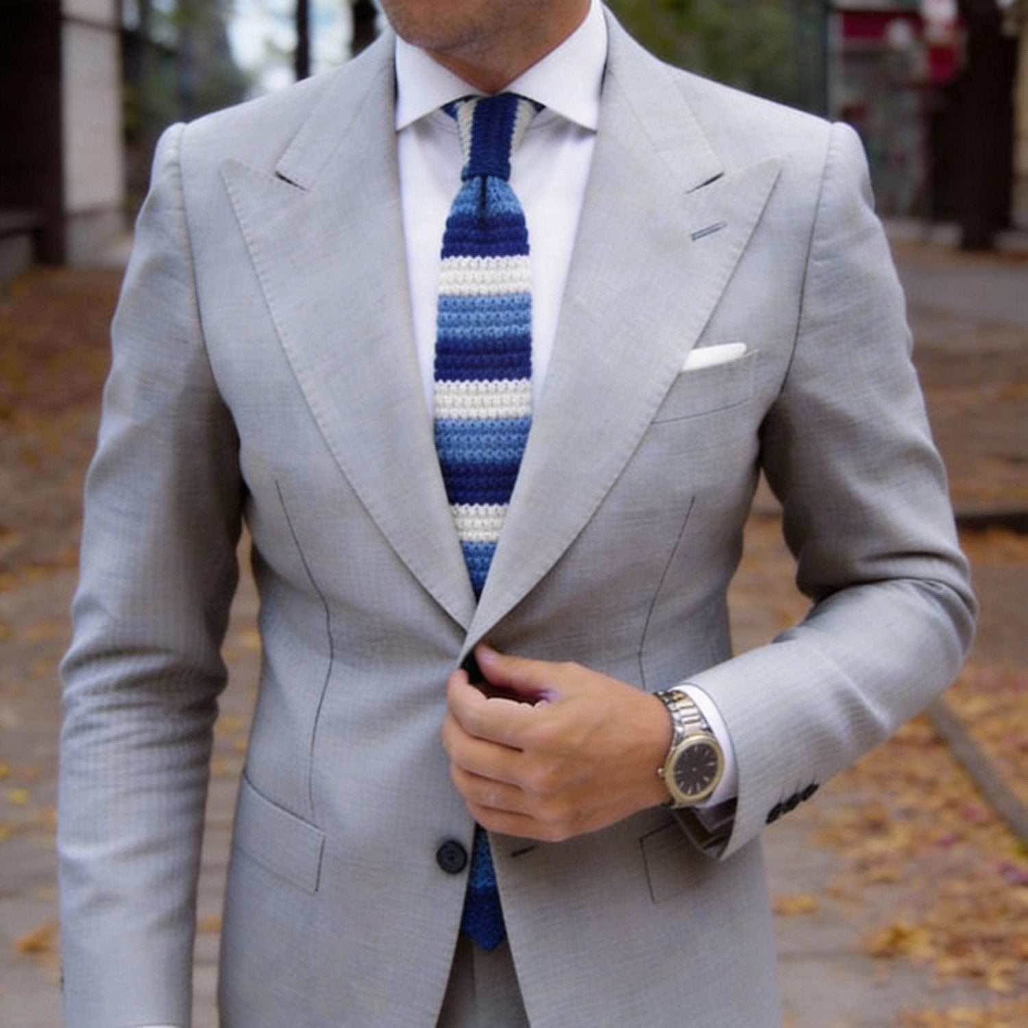 Dark Blue with Light Blue & Off-White Stripes Necktie