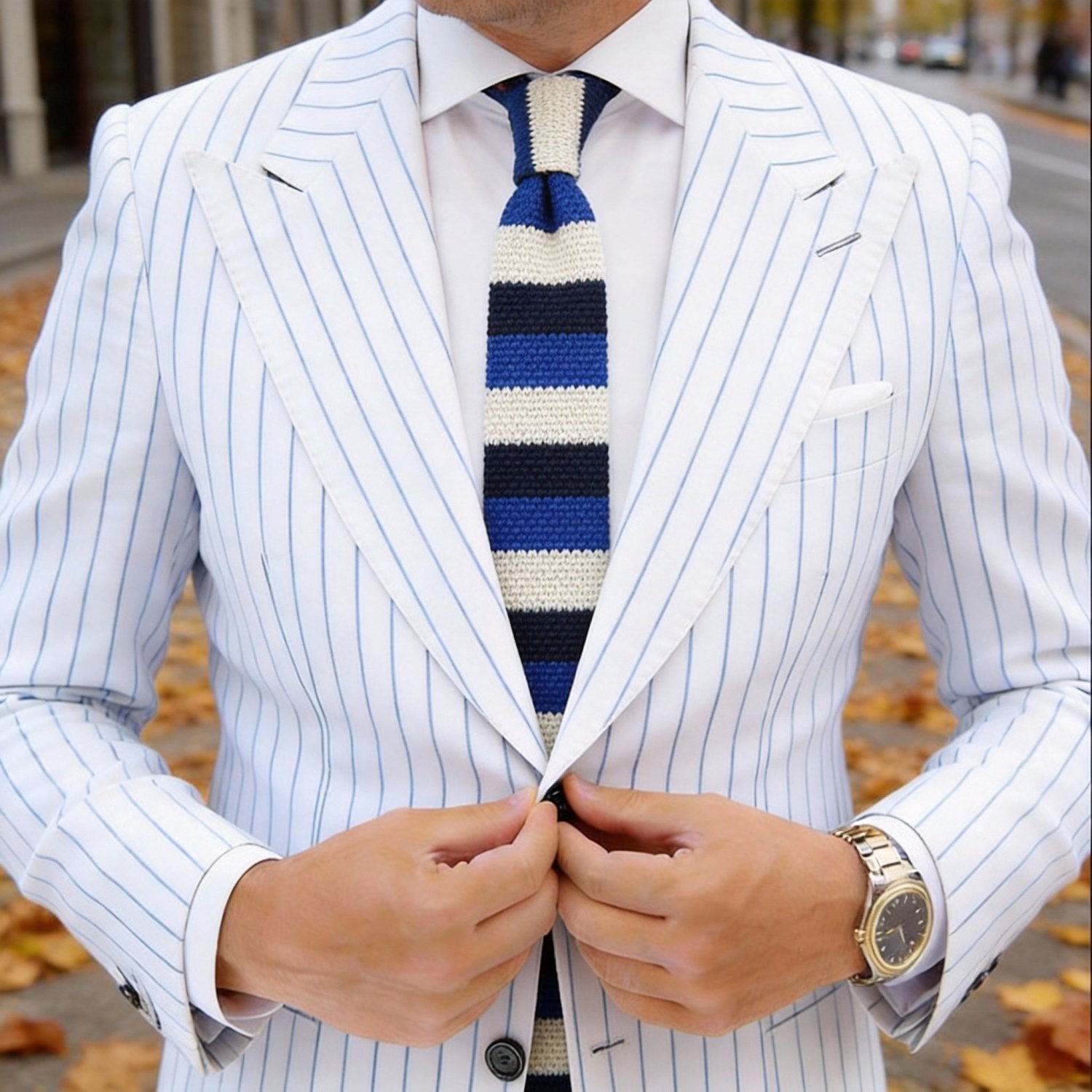 Dark Blue with Royal Blue & Off-White Stripes Necktie