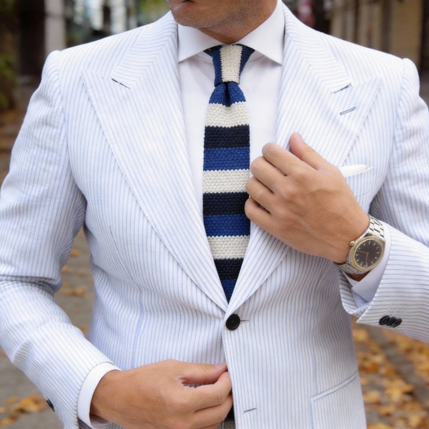 Dark Blue with Royal Blue & Off-White Stripes Necktie