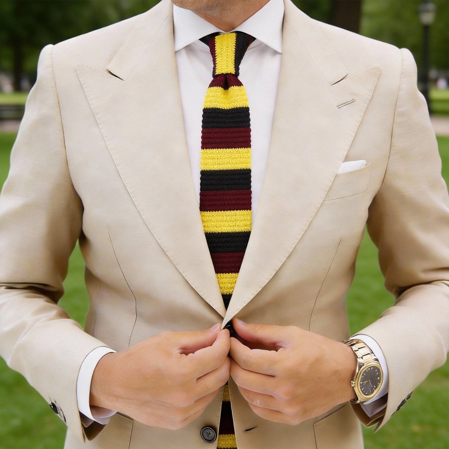 Burgundy with Yellow and Black Horizontal Stripes Necktie