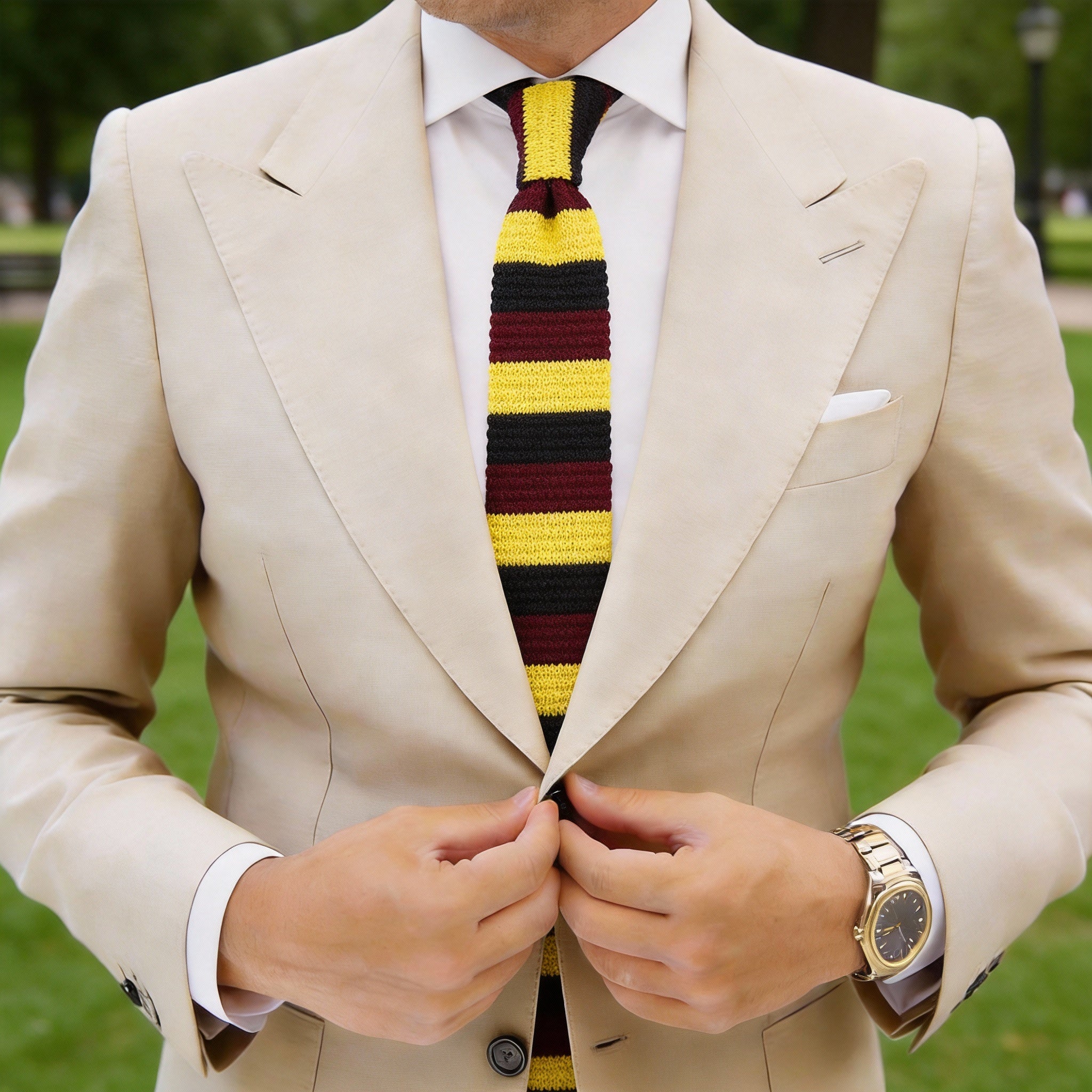 Burgundy with Yellow and Black Horizontal Stripes Necktie