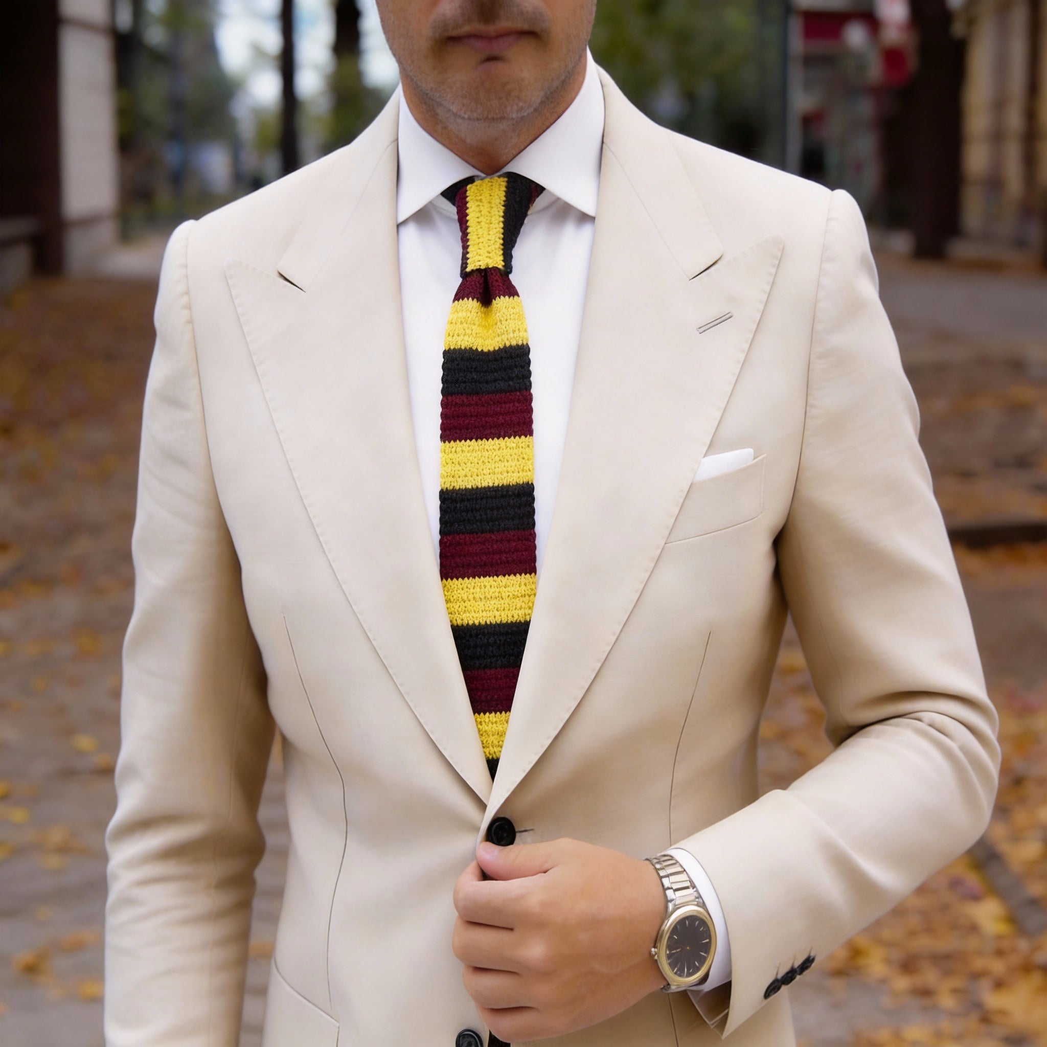 Burgundy with Yellow and Black Horizontal Stripes Necktie