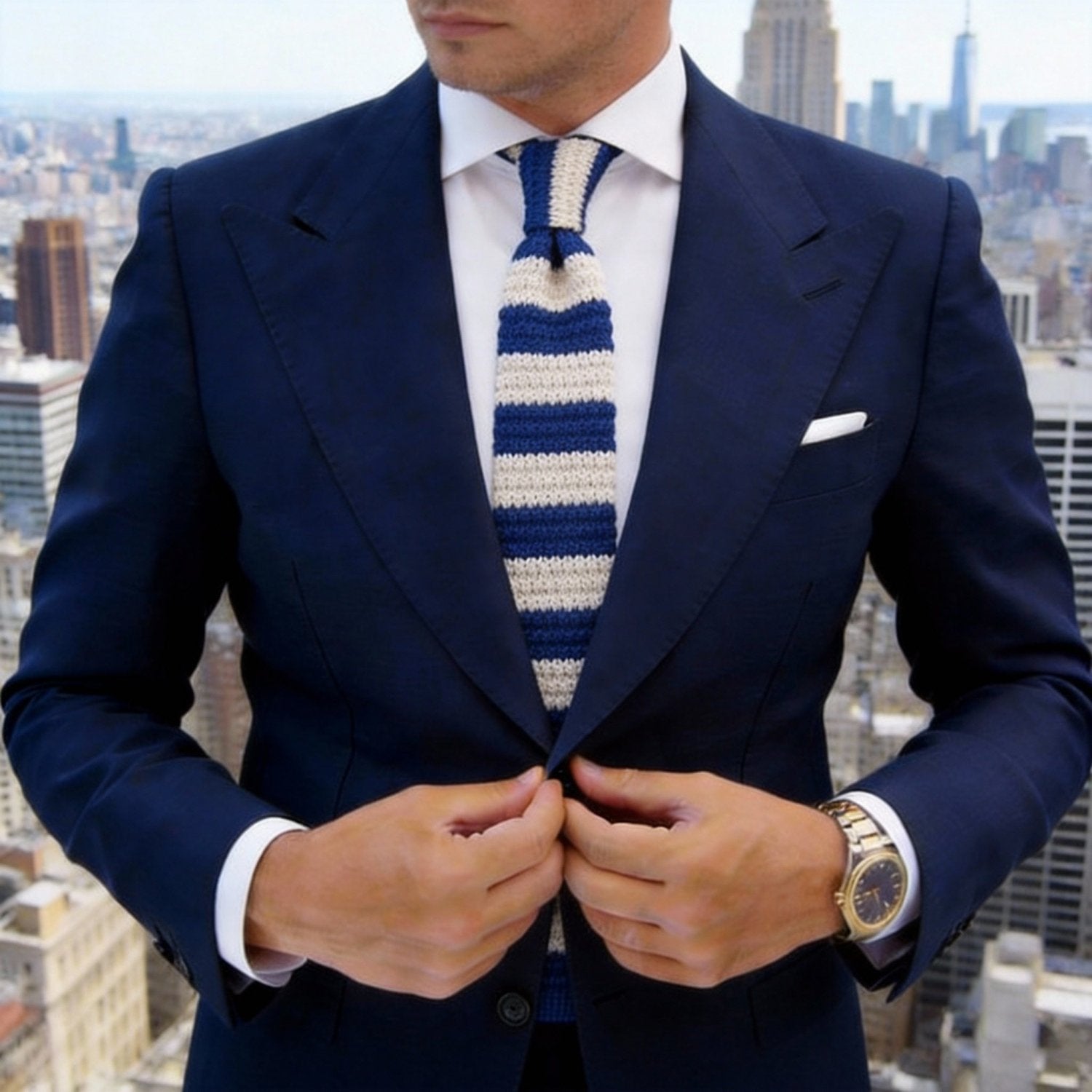Navy Blue With Beige Stripes Necktie