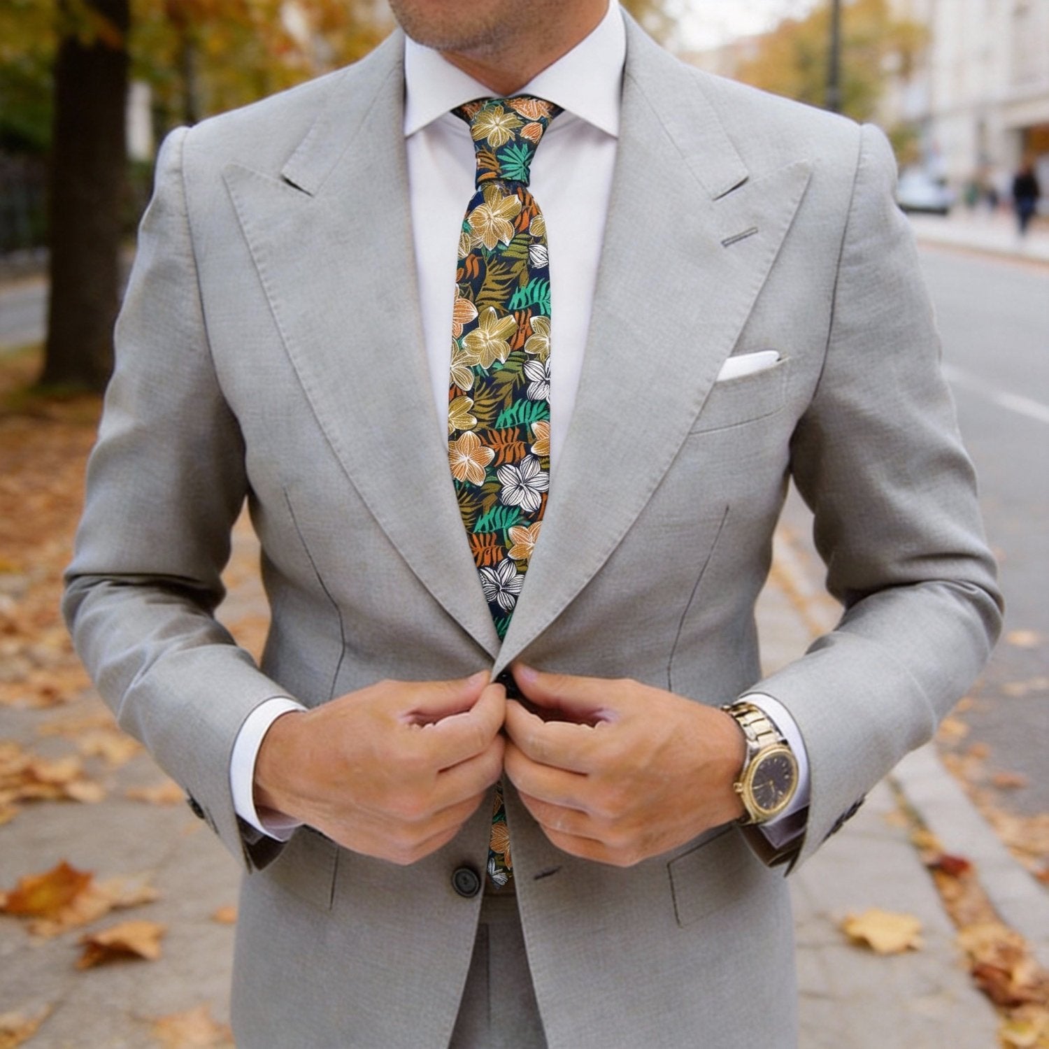 Dark Blue With Golden Yellow Tropical Floral Necktie