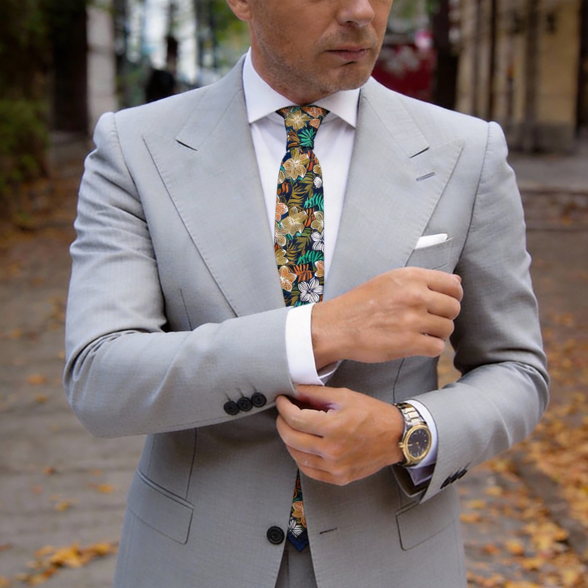 Dark Blue With Golden Yellow Tropical Floral Necktie
