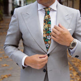 Dark Blue With Golden Yellow Tropical Floral Necktie