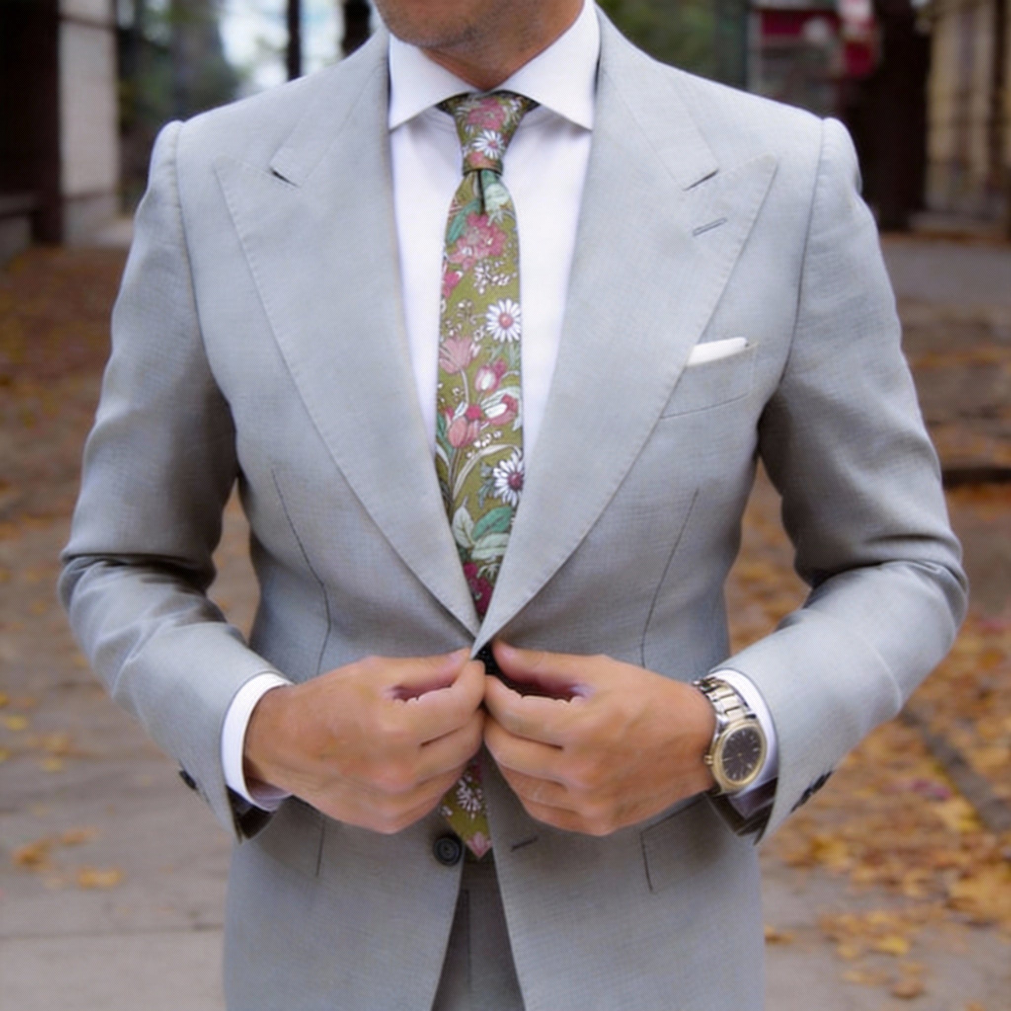 Olive Green With Pink Floral Necktie