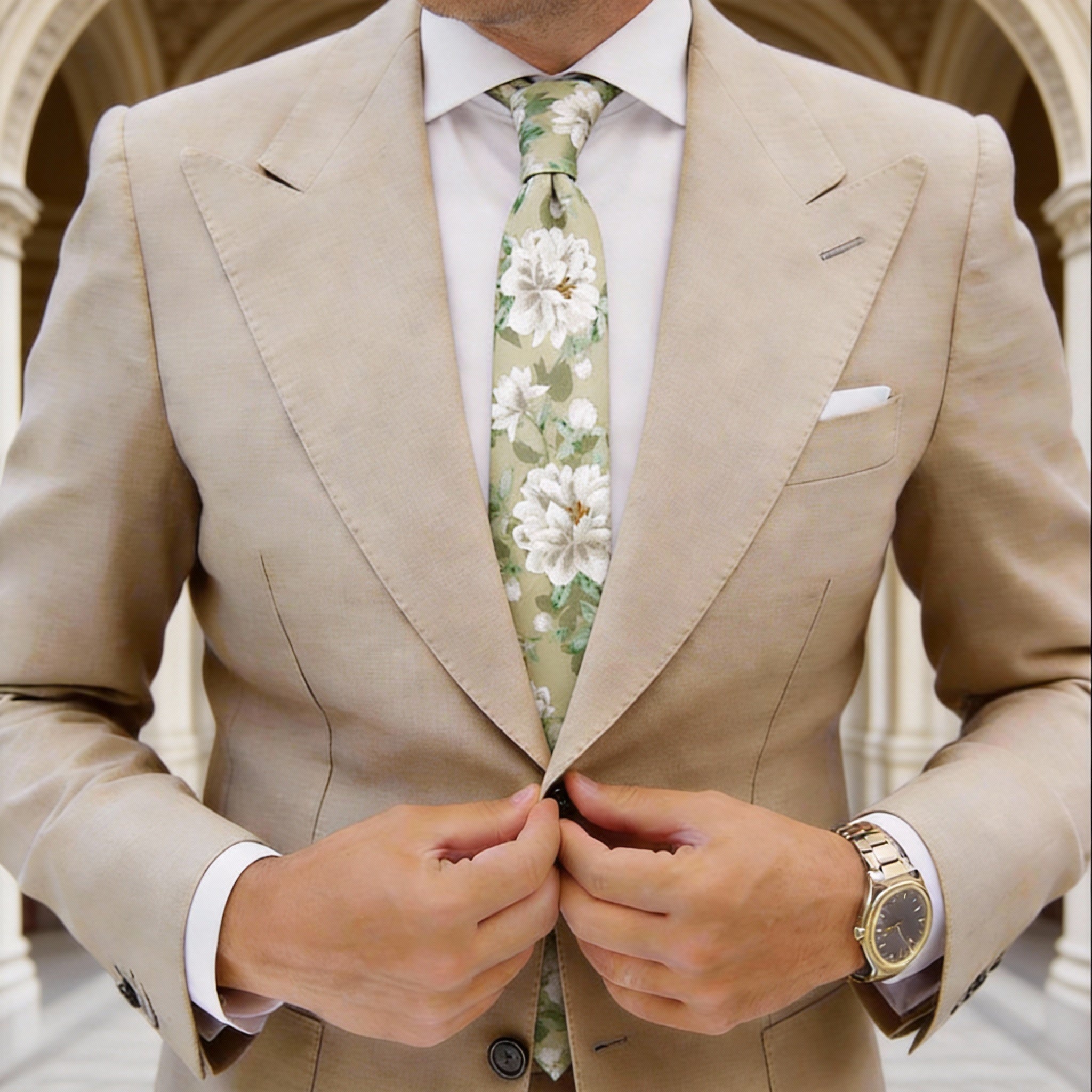 Light Sage Green with White Peony Necktie