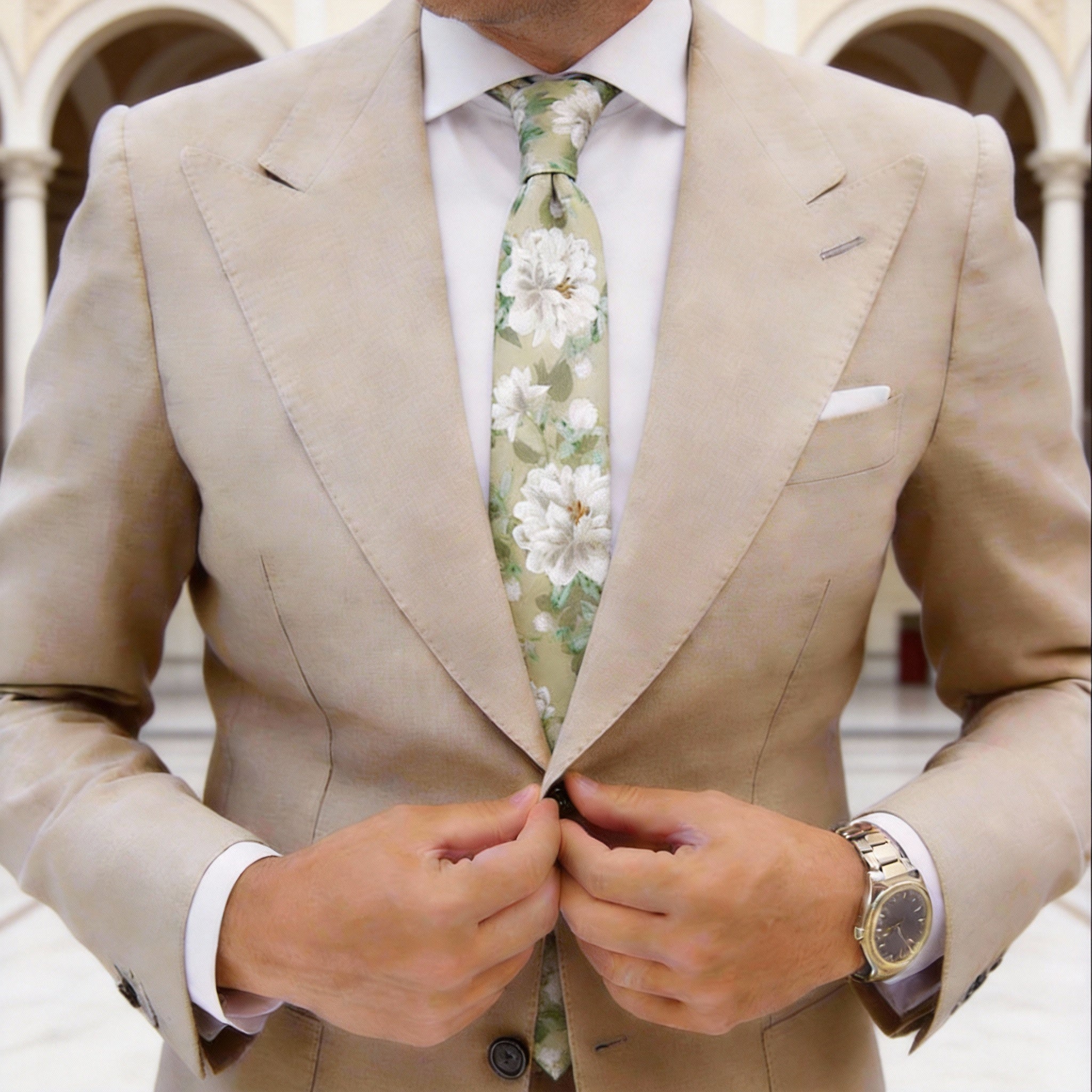 Light Sage Green with White Peony Necktie