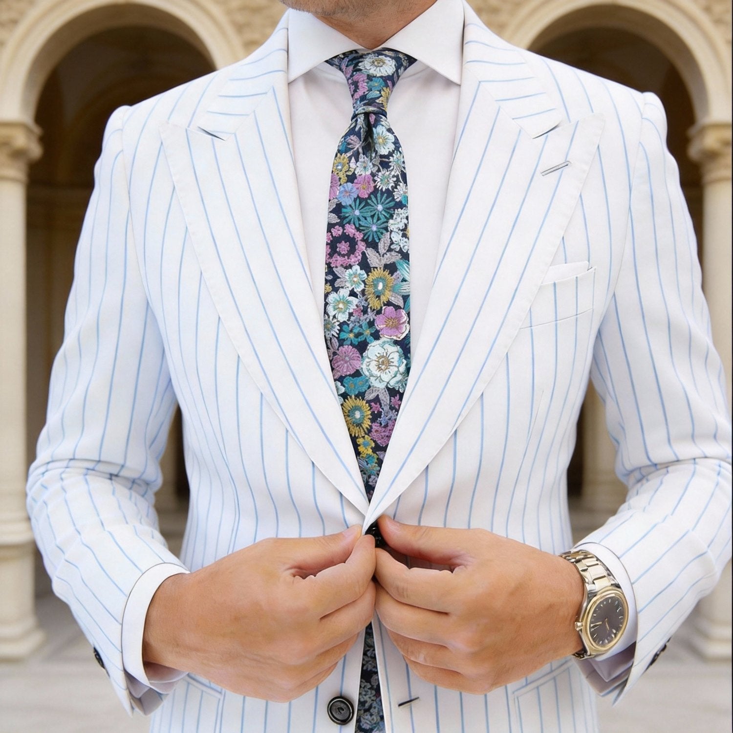 Dark Navy Blue With Multicolor Floral Necktie