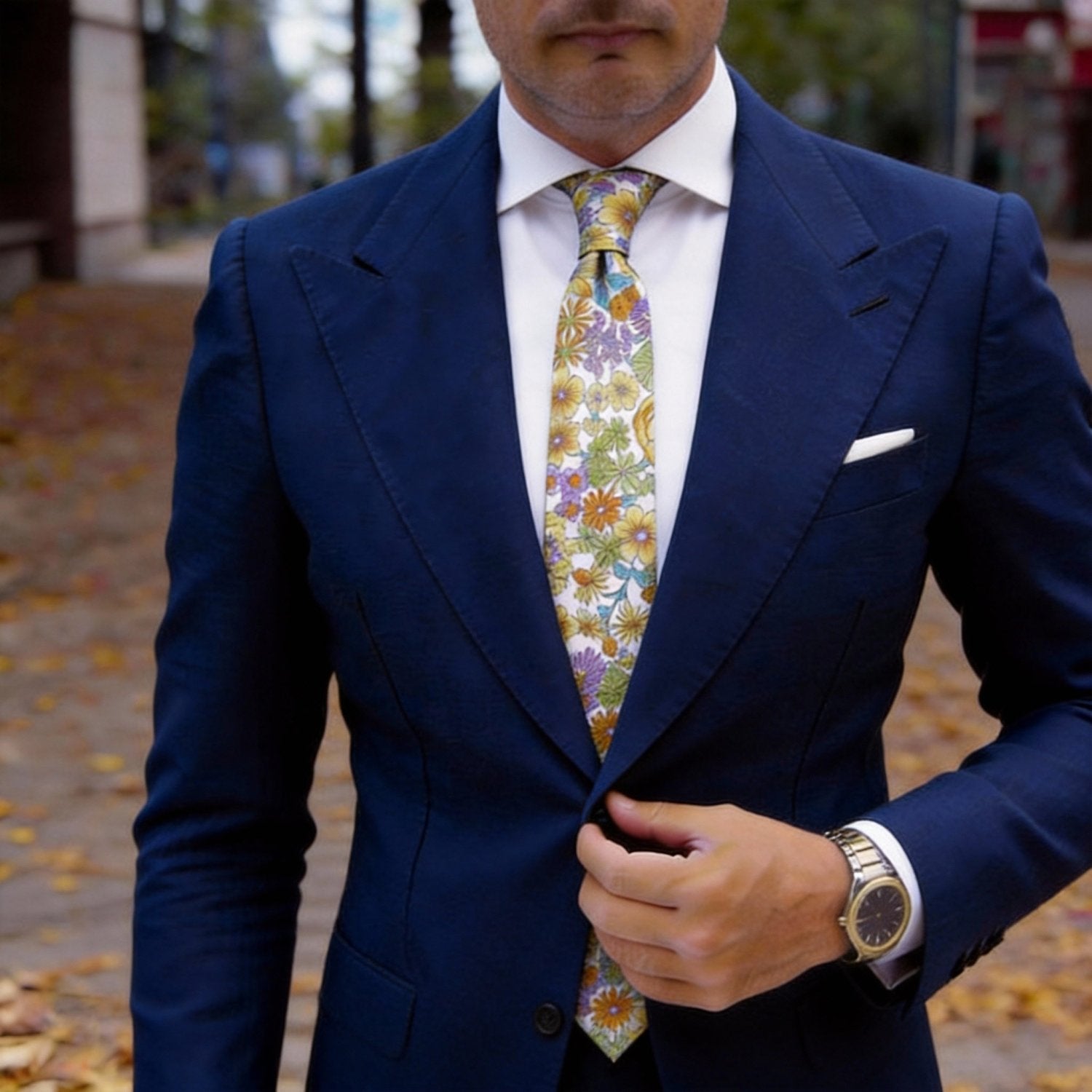 White with Colorful Floral Necktie