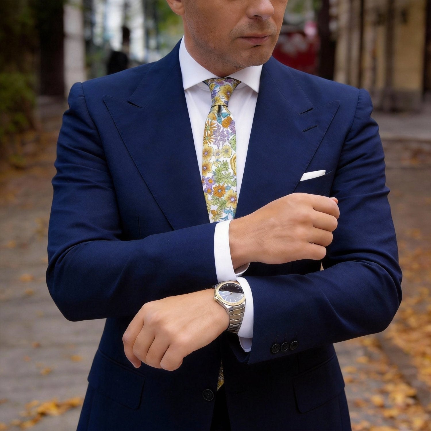 White with Colorful Floral Necktie