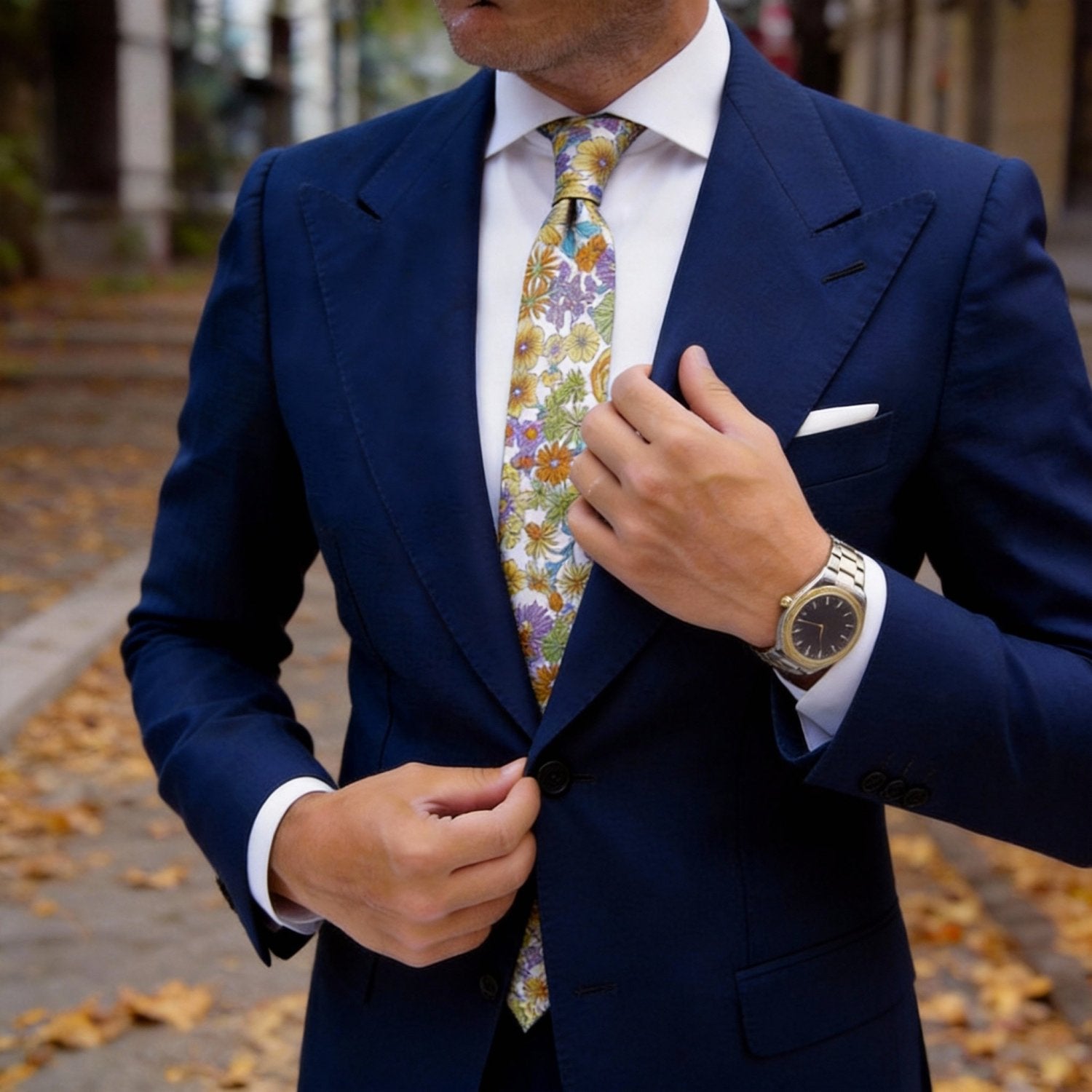 White with Colorful Floral Necktie