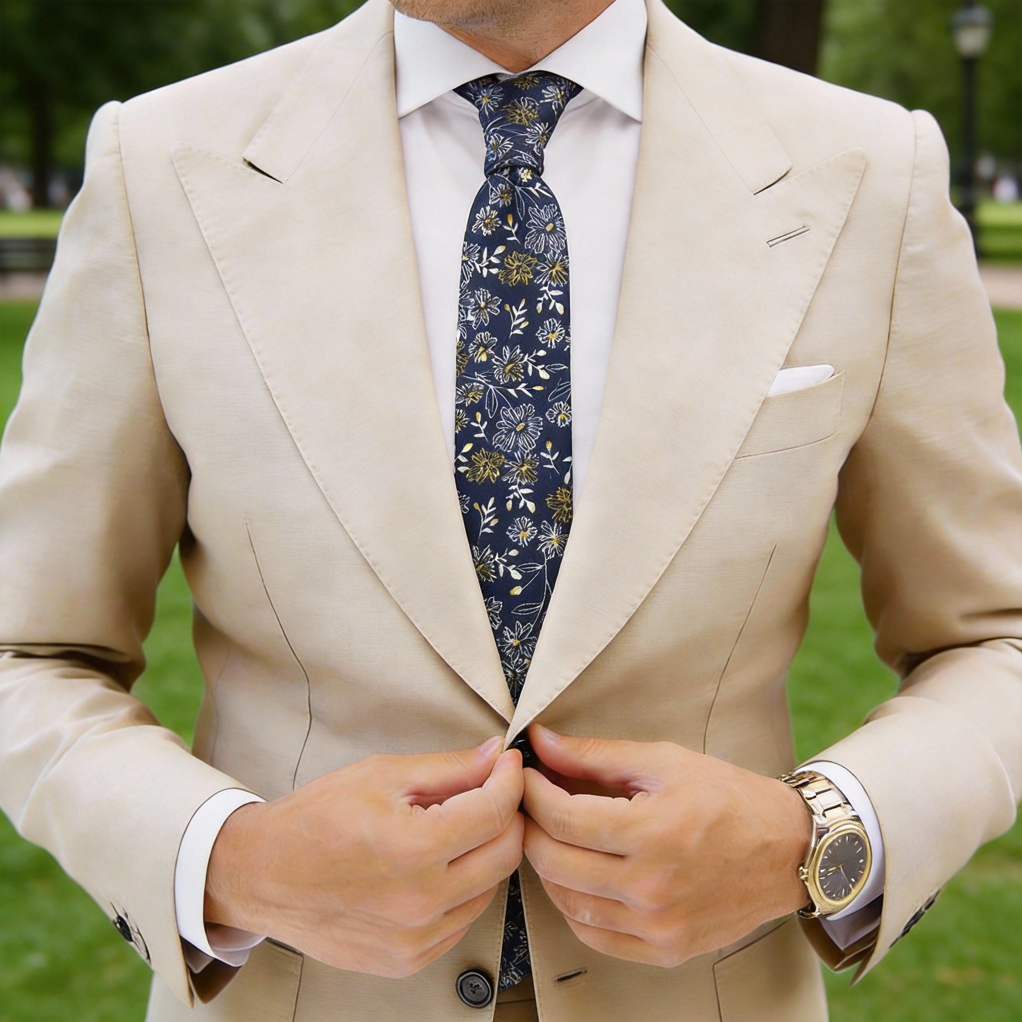Navy Blue With Yellow And White Floral Necktie