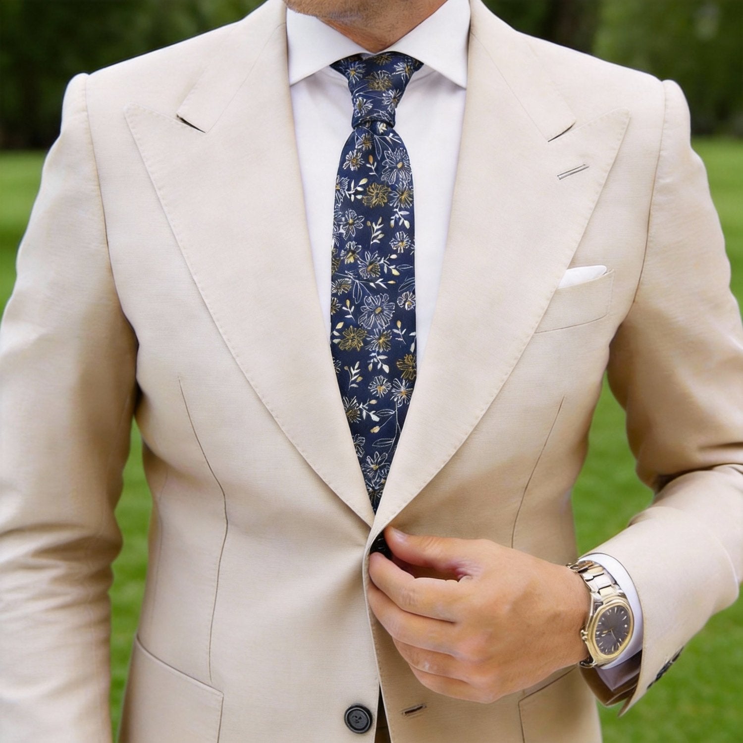 Navy Blue With Yellow And White Floral Necktie