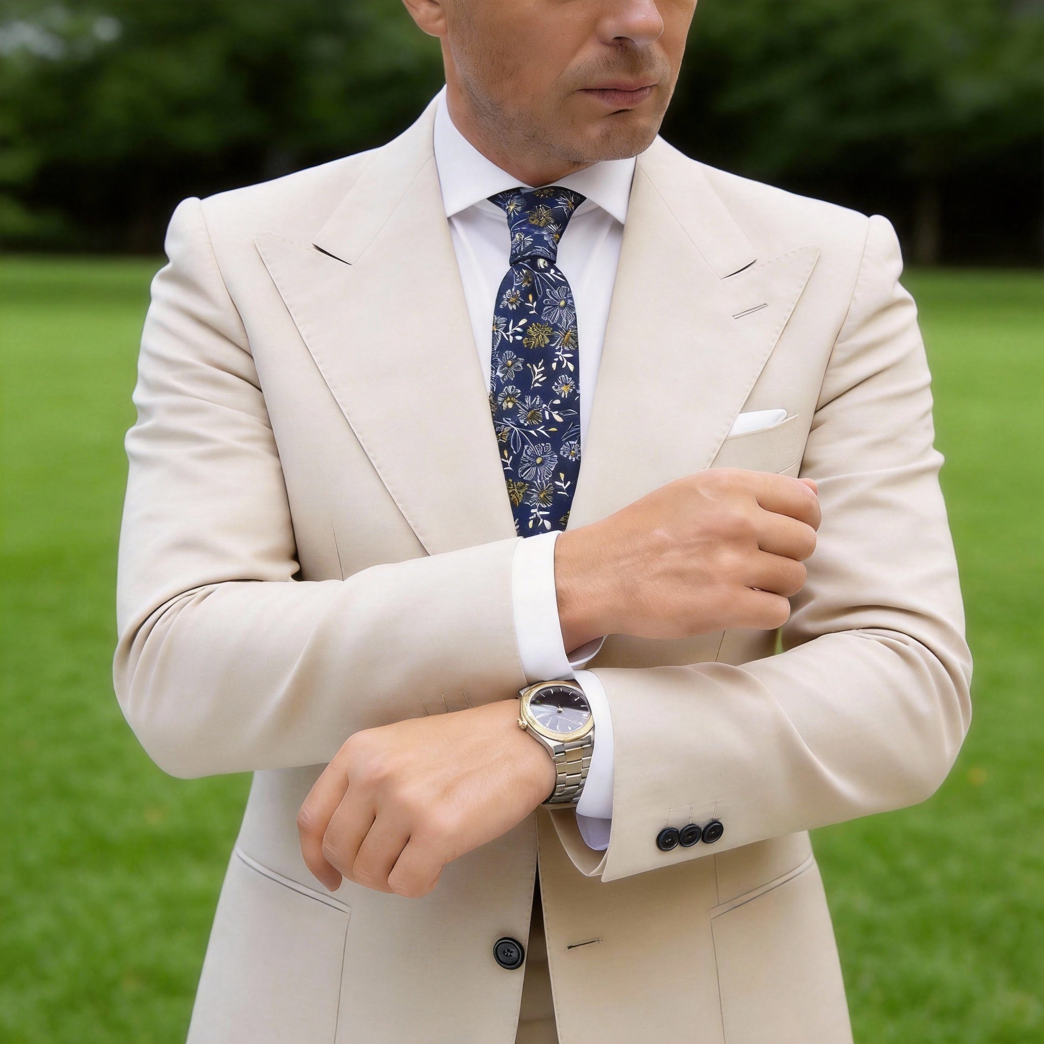 Navy Blue With Yellow And White Floral Necktie