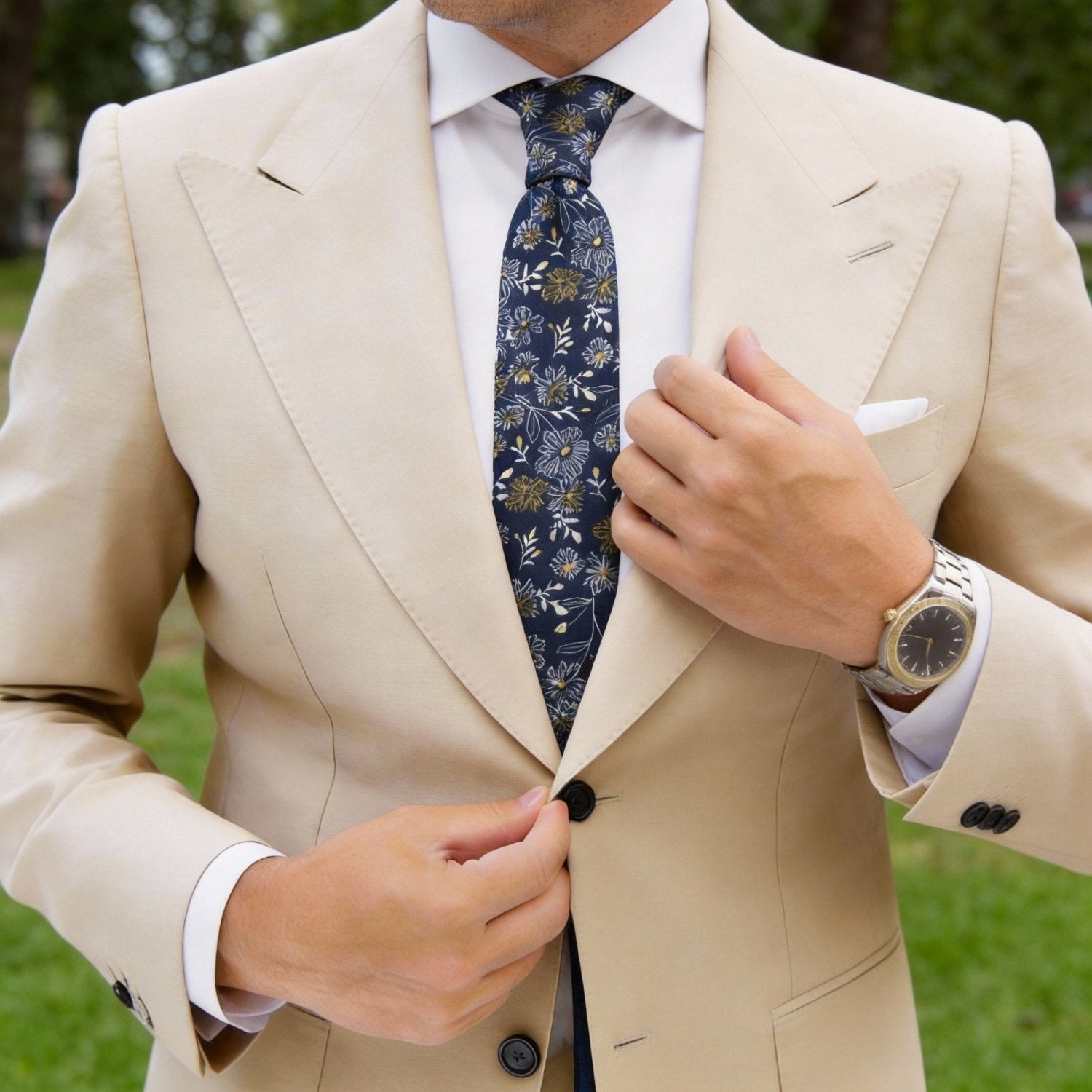 Navy Blue With Yellow And White Floral Necktie