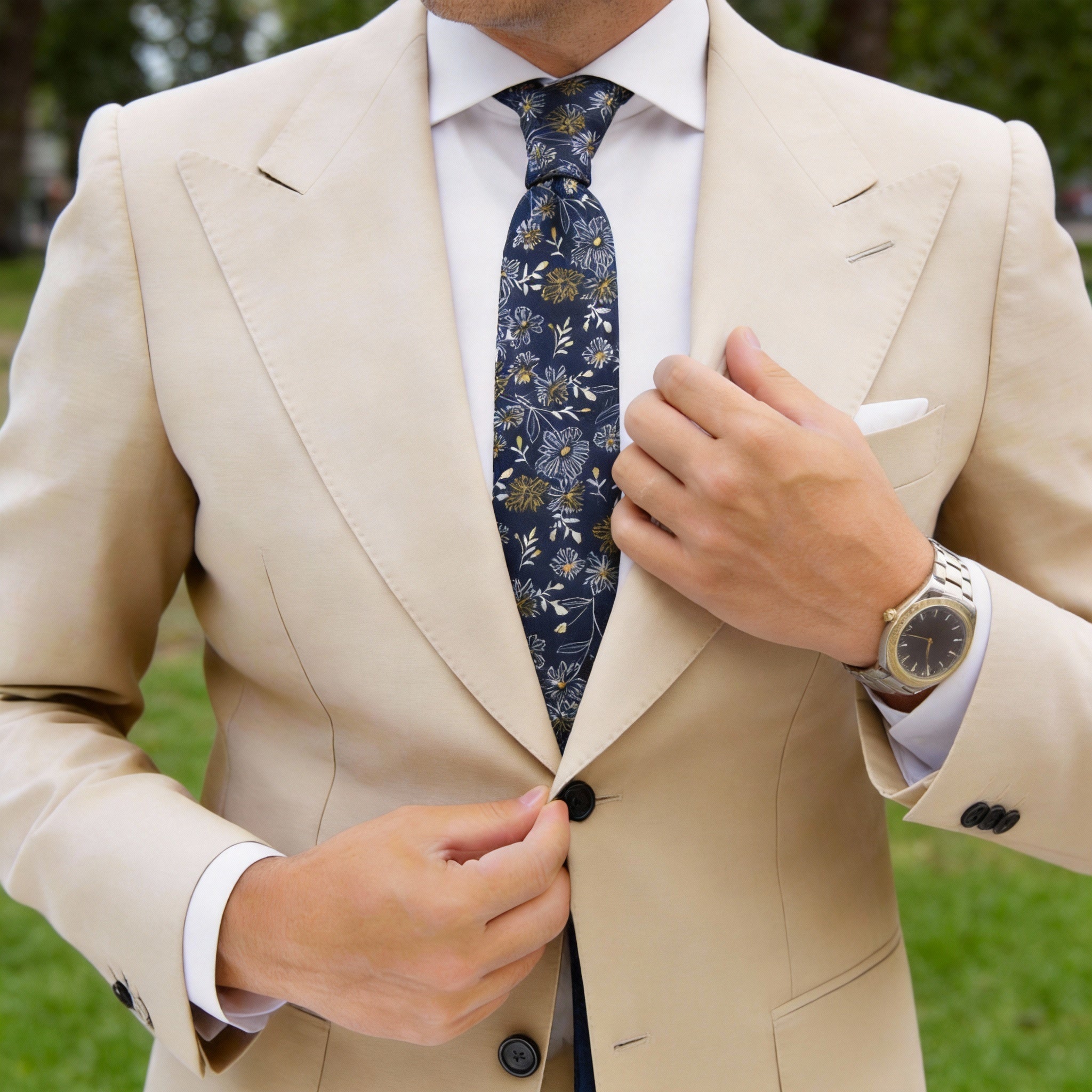 Navy Blue With Yellow And White Floral Necktie