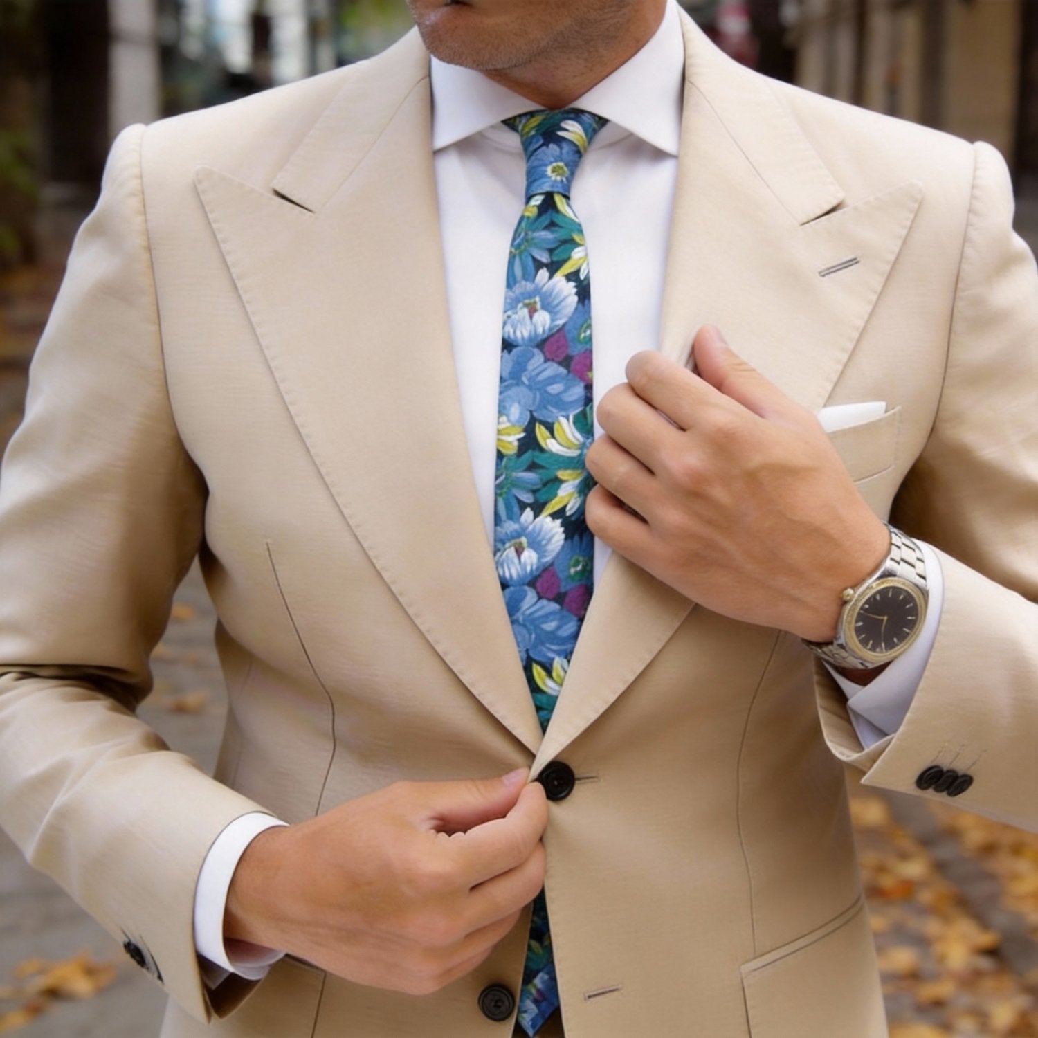Dark Navy Blue With Blue Floral Necktie