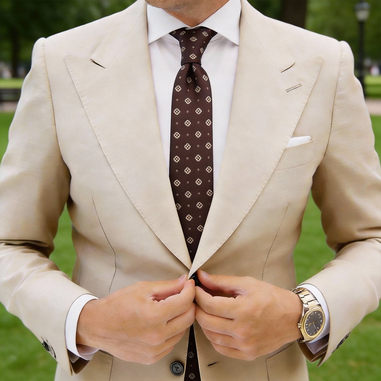 Brown With White Geometric Square Necktie
