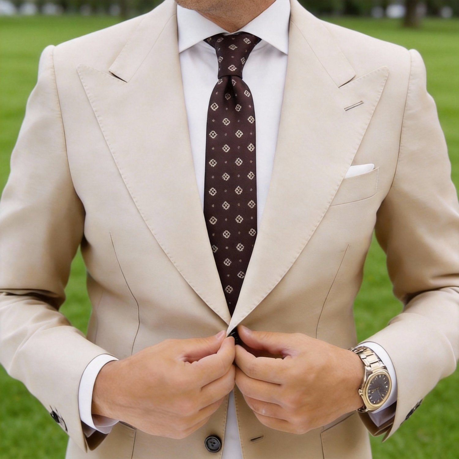 Brown With White Geometric Square Necktie
