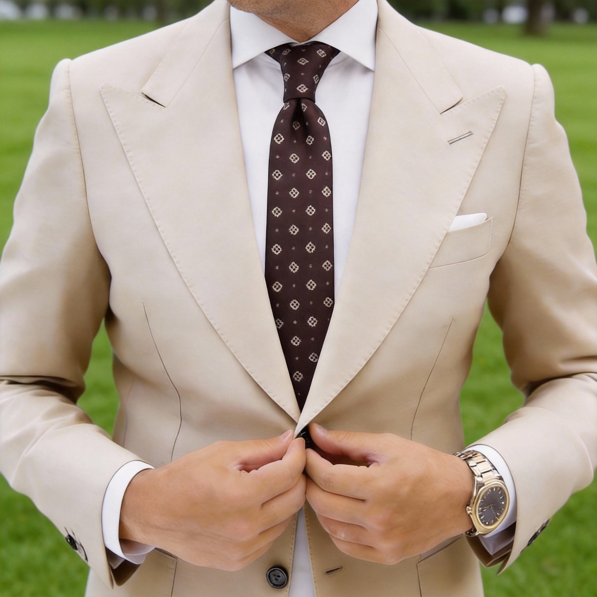 Brown With White Geometric Square Necktie