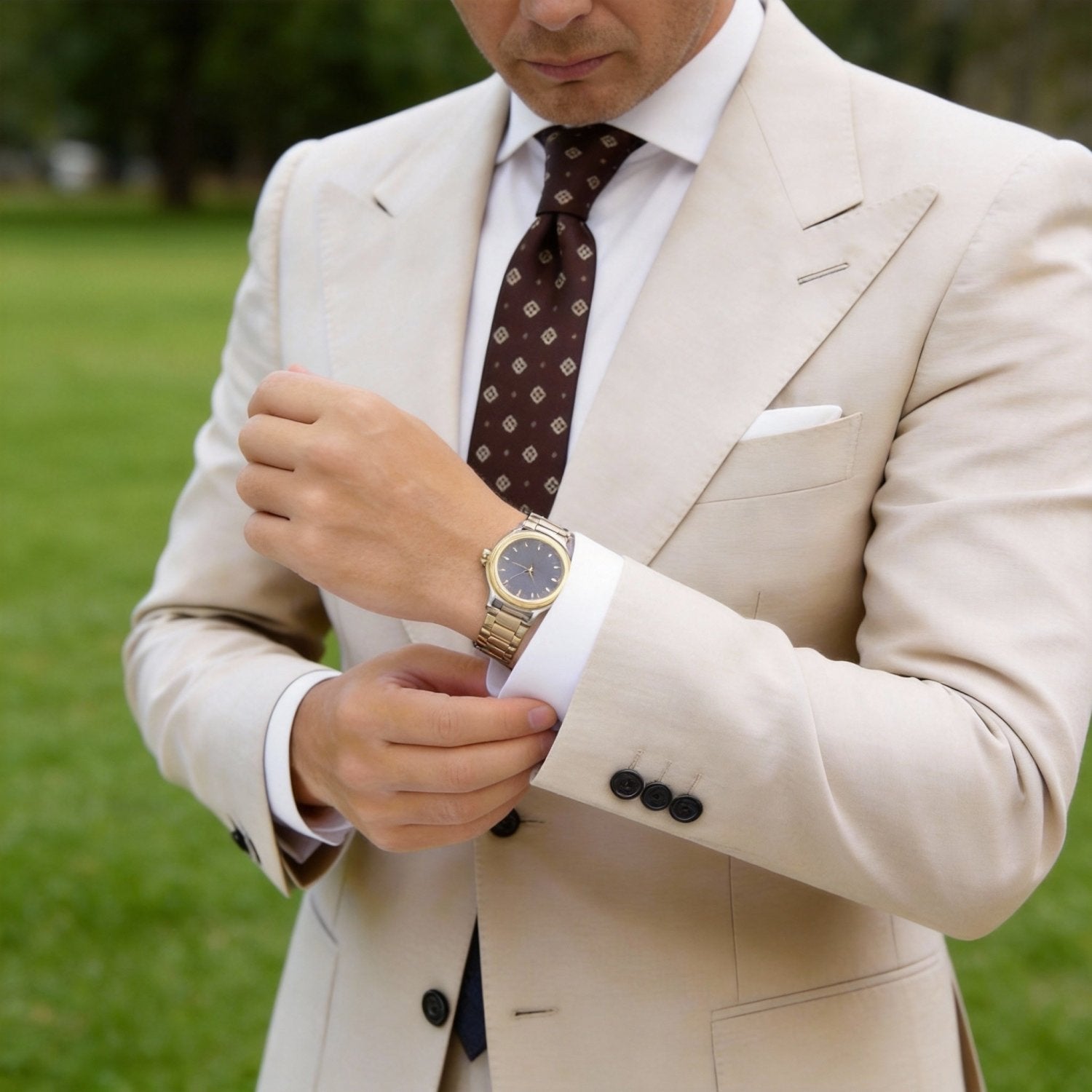 Brown With White Geometric Square Necktie
