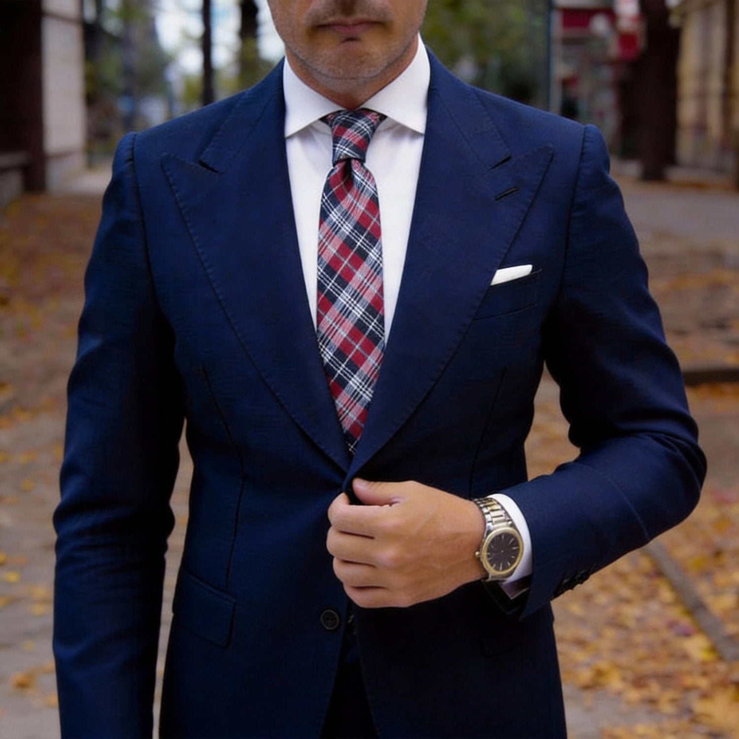 Red with Dark Blue & White Plaid Necktie