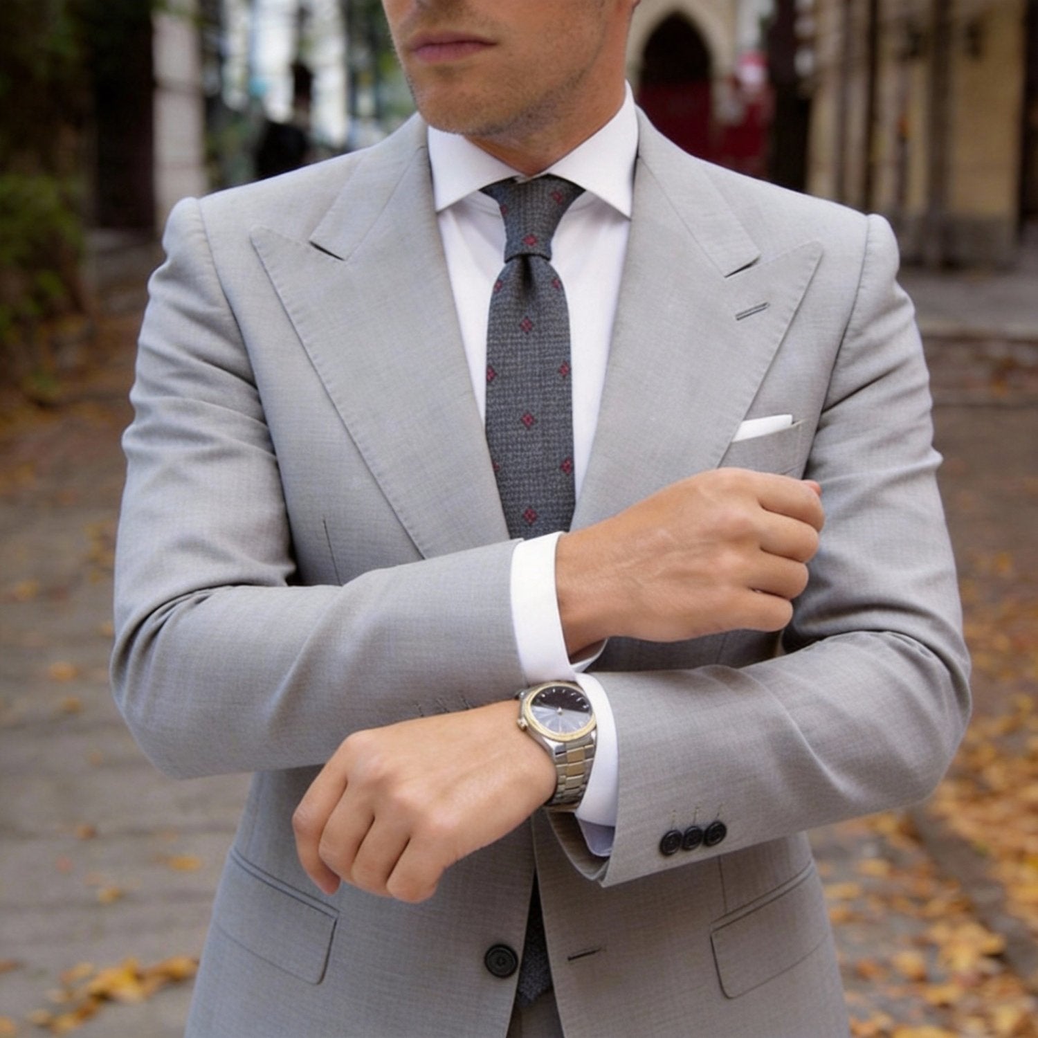 Dark Gray With Red Four-Pointed Dots Necktie