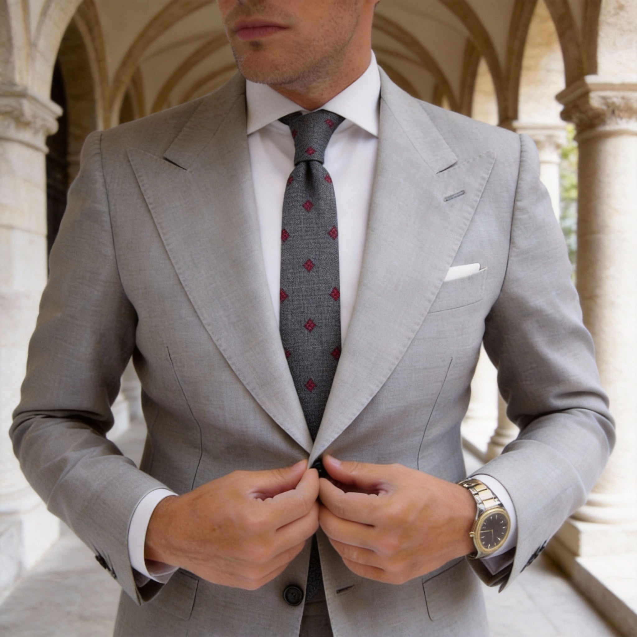 Dark Gray With Red Four-Pointed Dots Necktie