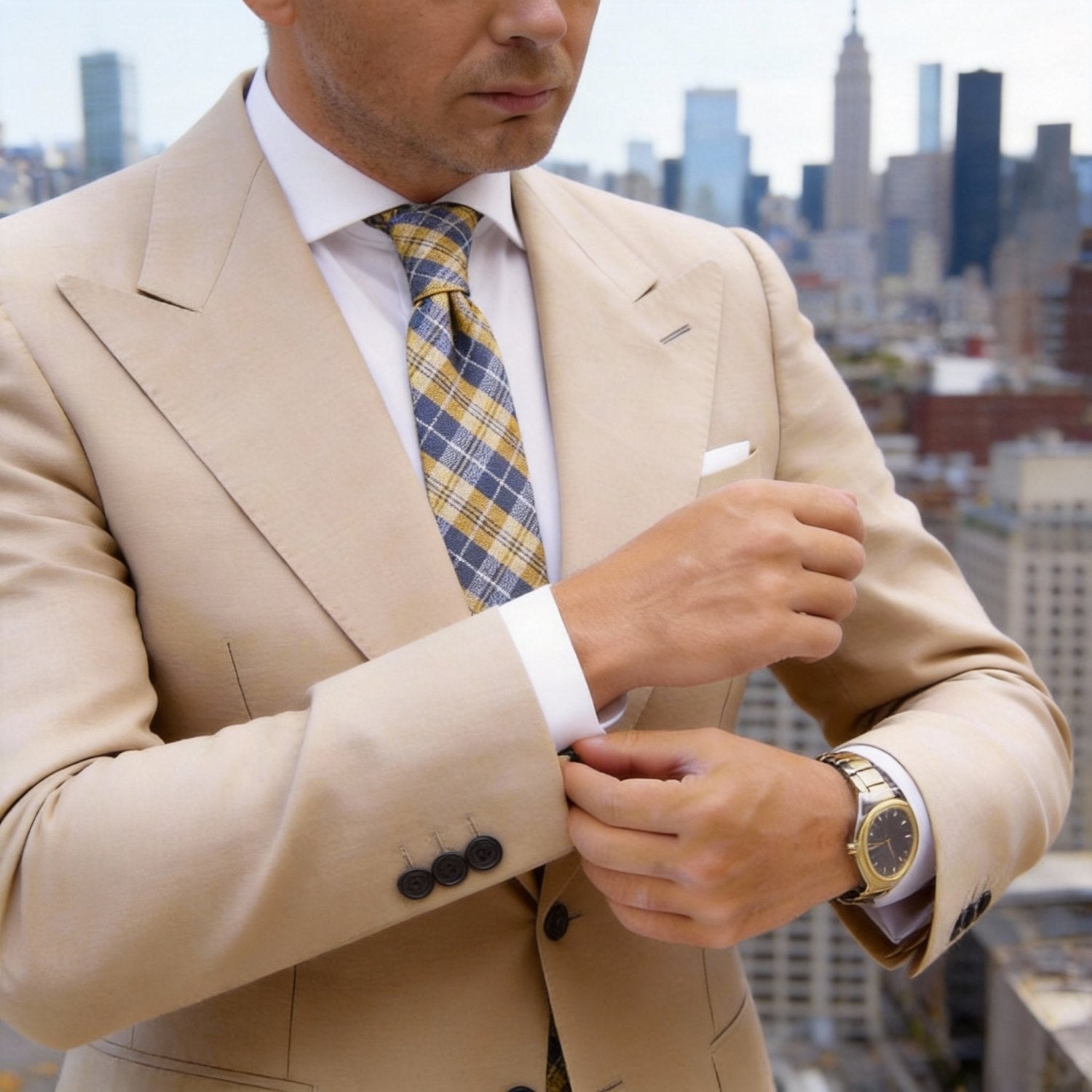 Yellow With Navy Blue White Plaid Necktie