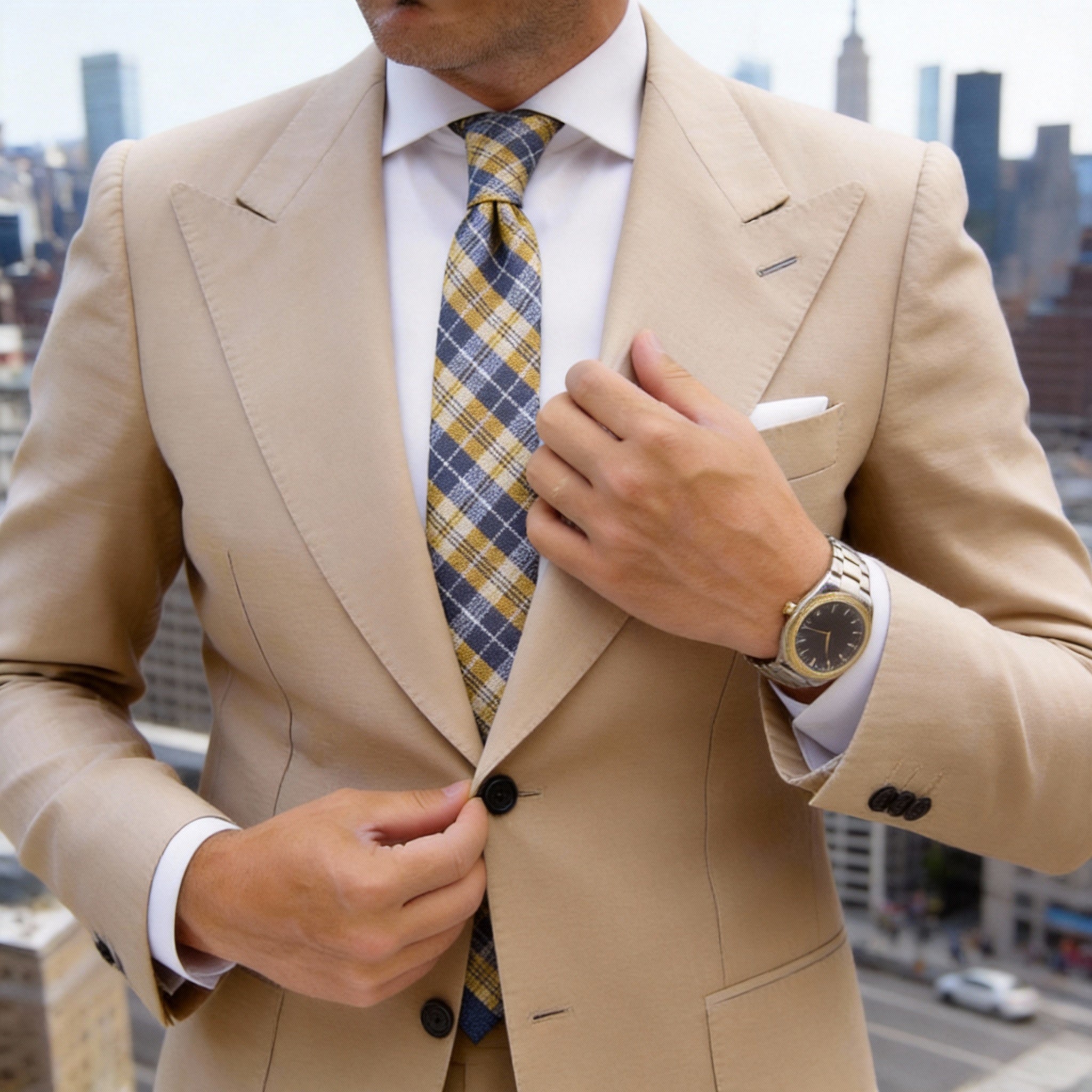 Yellow With Navy Blue White Plaid Necktie