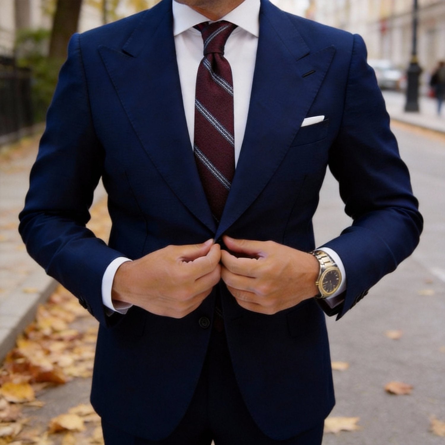 Burgundy With White and Navy Diagonal Stripes Necktie