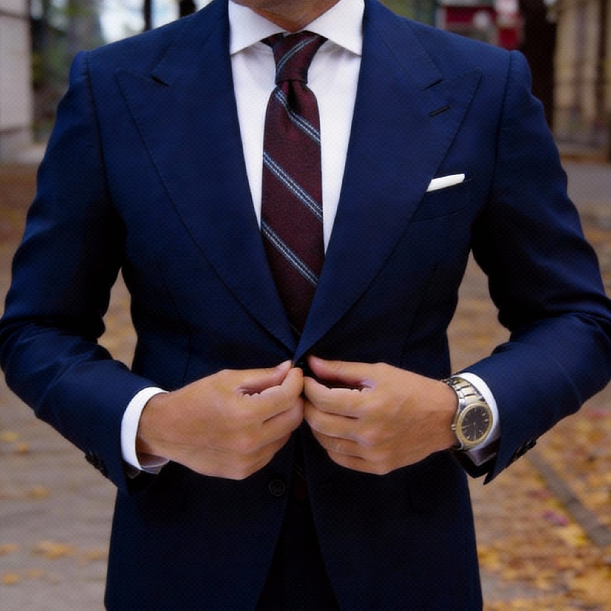 Burgundy With White and Navy Diagonal Stripes Necktie