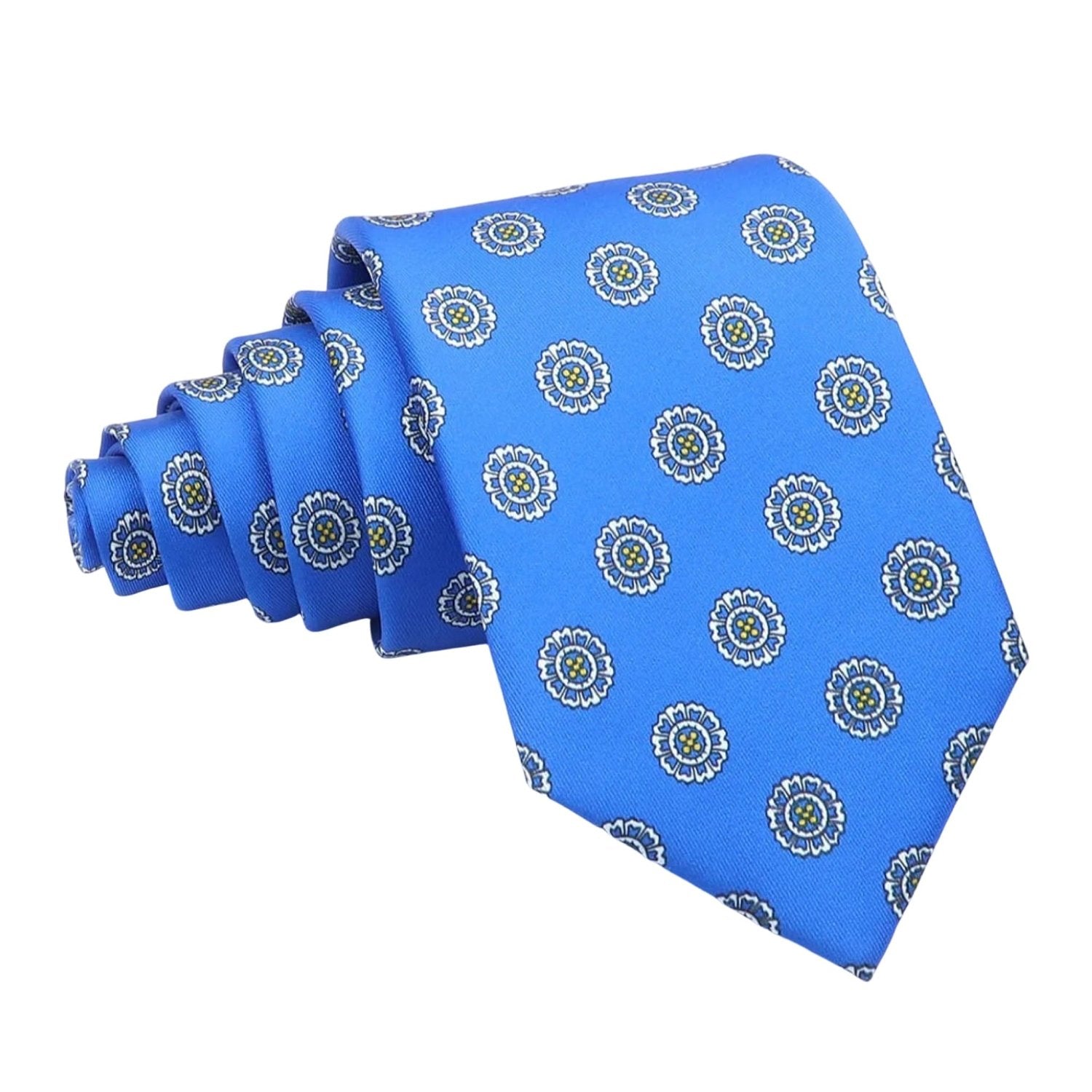 Blue Necktie With White & Yellow Floral