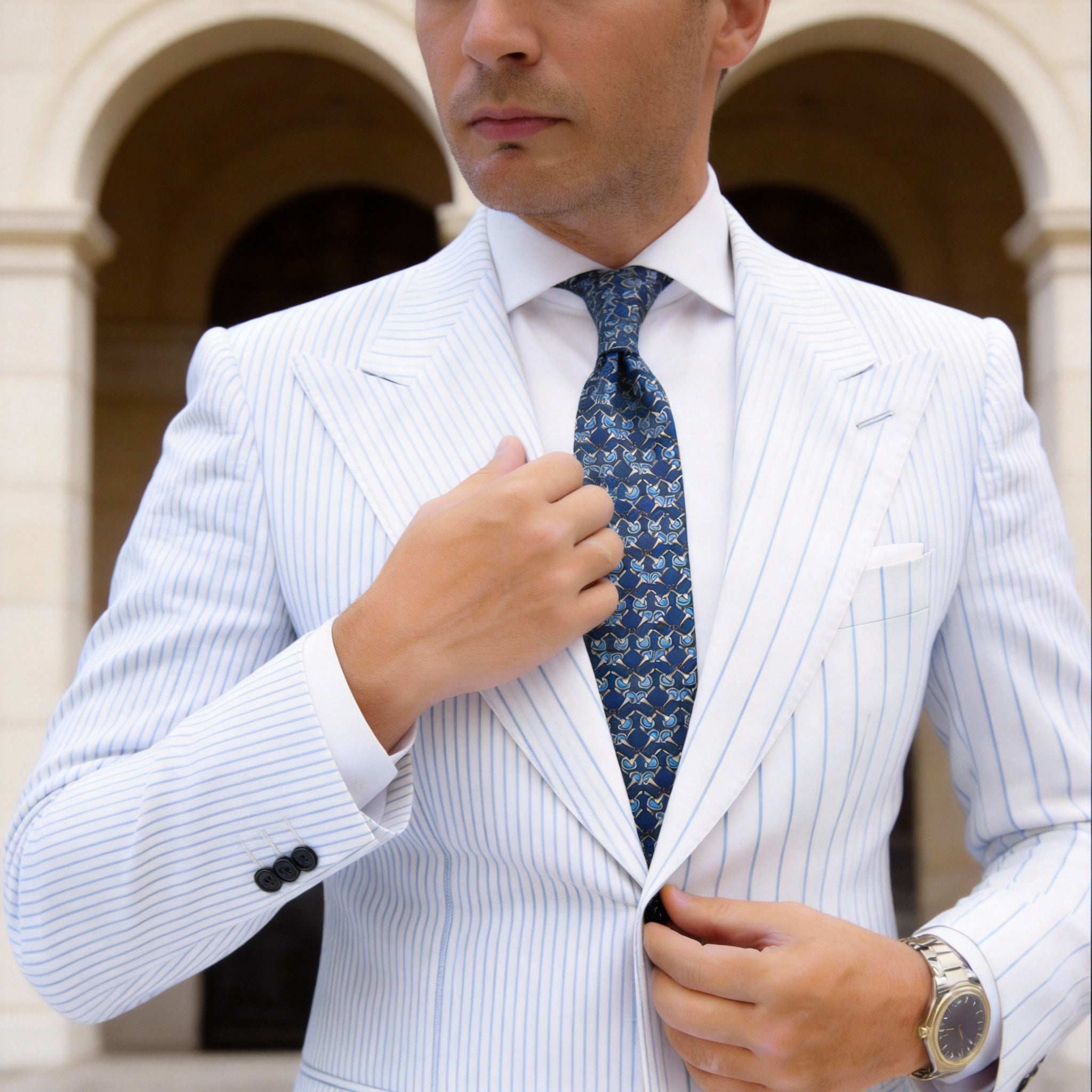 Dark Blue with Light Blue & Yellow Horsebit Necktie