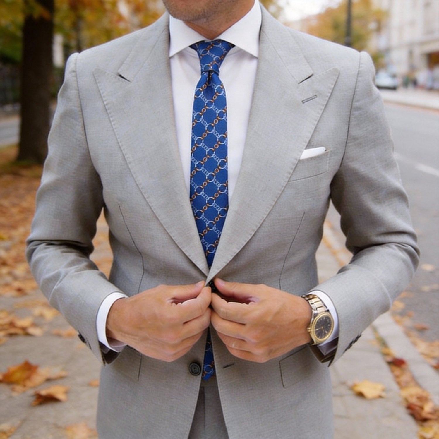 Blue with Light Blue & Brown Chain Grid Necktie