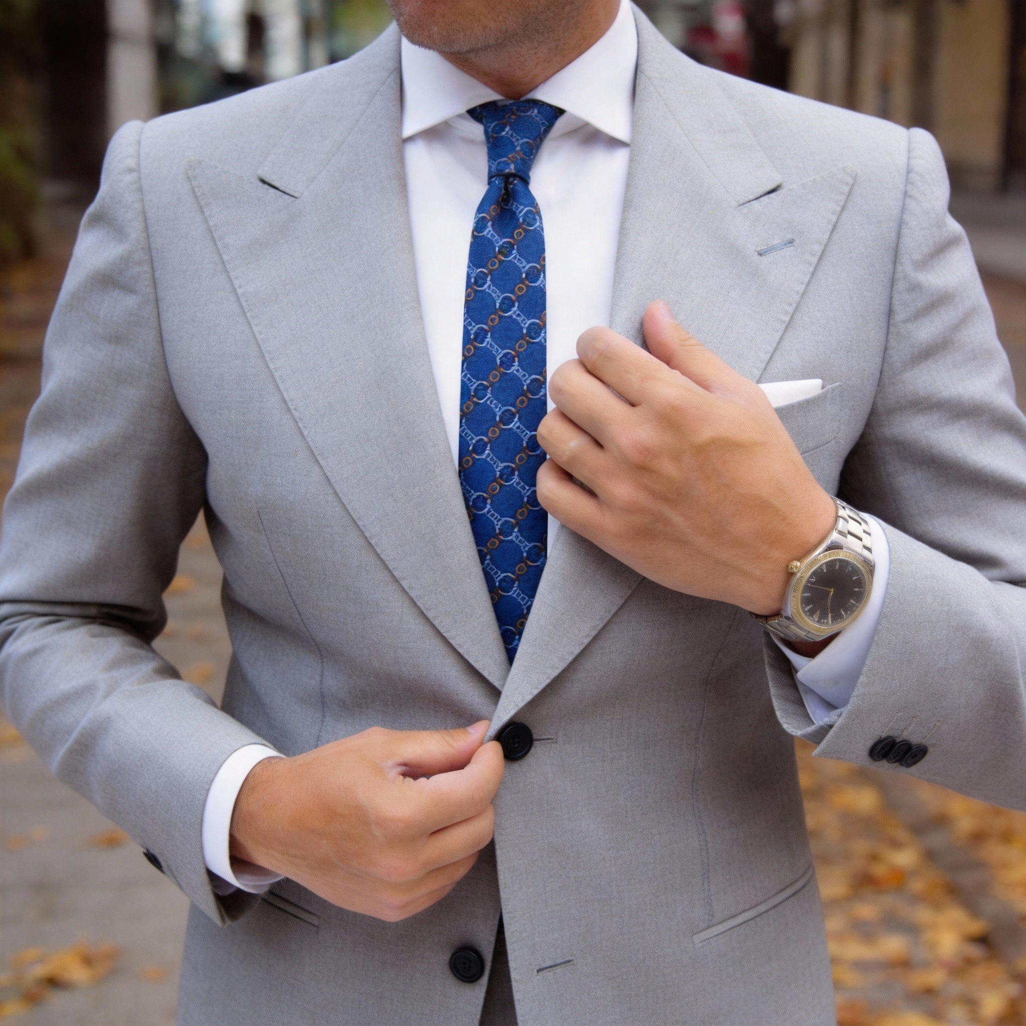 Blue with Light Blue & Brown Chain Grid Necktie